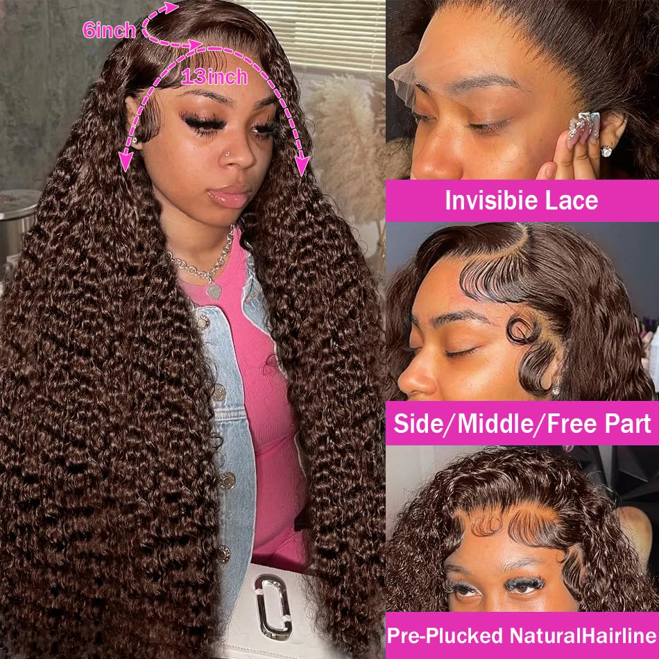 Anderah 30Inch Chocolate Brown Deep Wave Lace Front Wigs Human Hair 200 Density 13x6 HD Lace Frontal Wigs Curly Human Hair Wig For Women Pre Plucked with Natural Hairline 4# Brown Color - Image 2