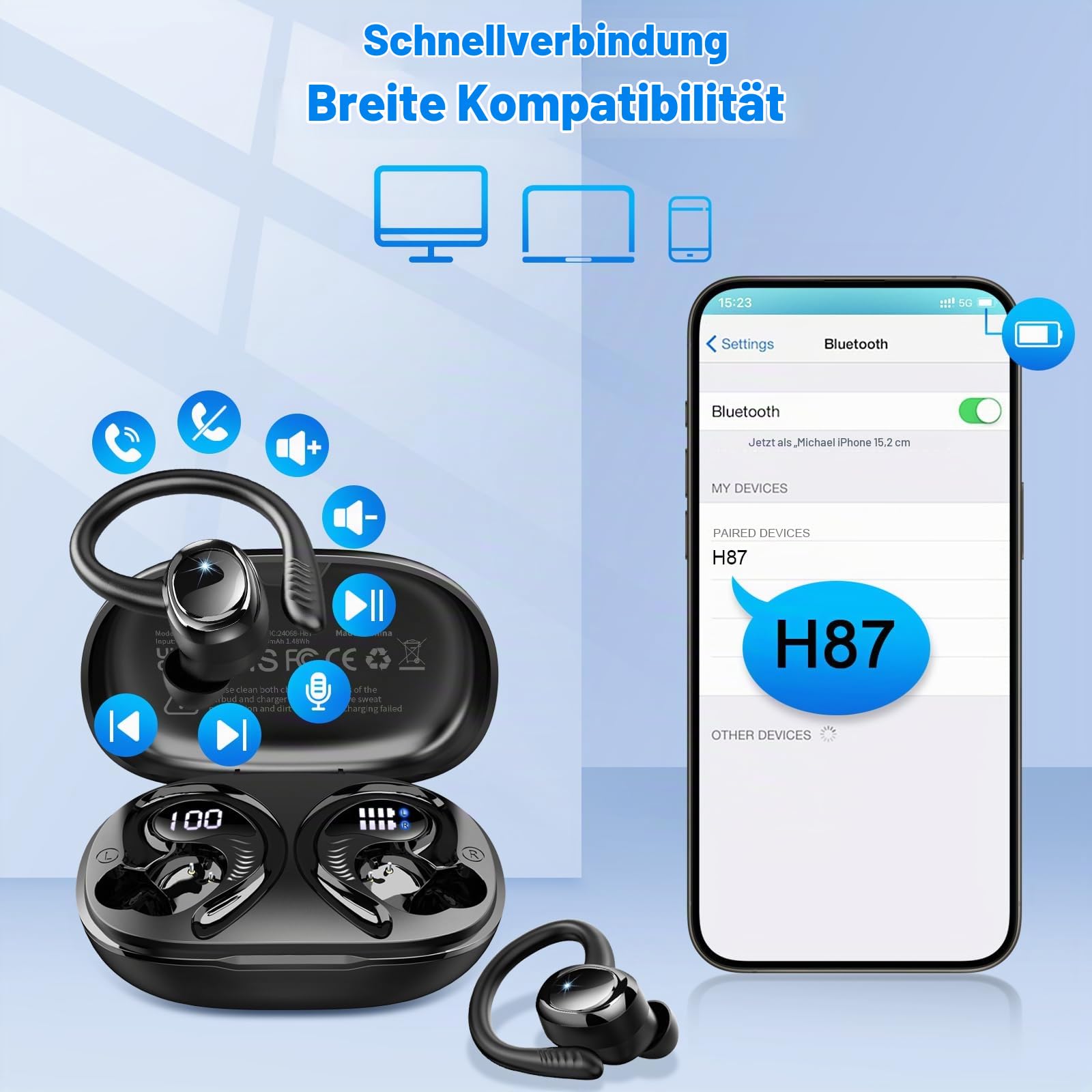 Bluetooth 5.4 Kopfhörer Sport, 2026 Kopfhörer Kabellos Bluetooth 6D Bass | App EQ Steuerung/4 ENC Mic/50H Noise Cancelling Ear buds, USB-C Sportkopfhörer IP7 Wasserdicht In Ear Ohrhörer für Joggen Gym