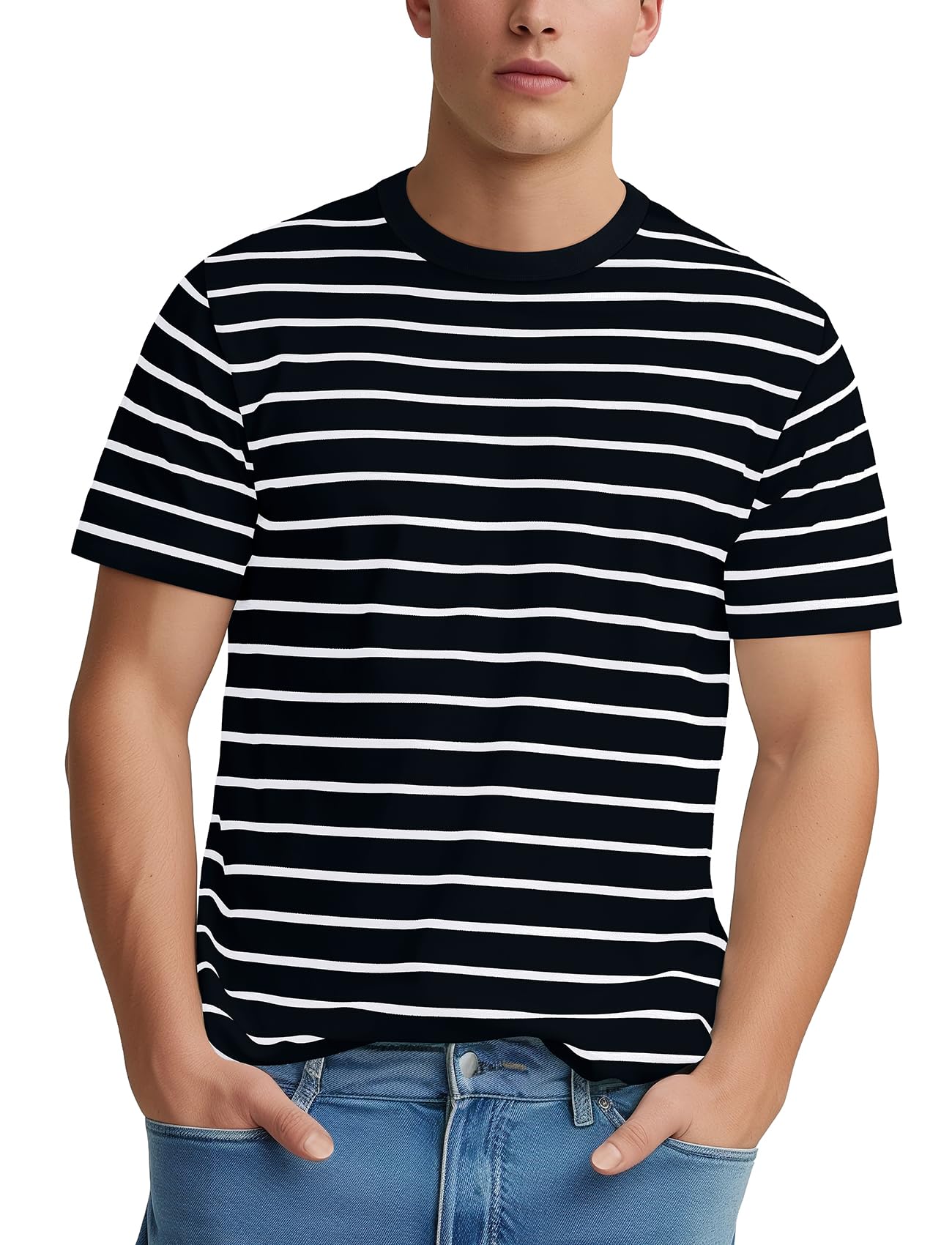zengjo mens striped t-shirt short sleeve crewneck classic horizontal stripe tee top