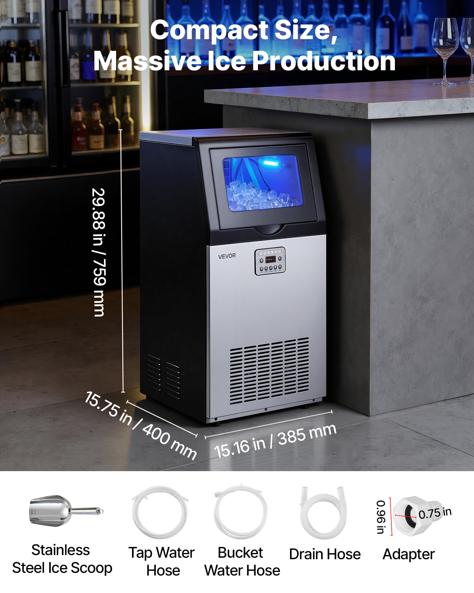 VEVOR Kommerzielle Eismaschine 54 kg/Tag, Eiswürfelbereiter mit 14 kg Eisvorratskapazität, Eiswürfelmaschine aus Edelstahl mit LED-Anzeige und Selbstreinigung, Ideal für Restaurant, Café und Bar