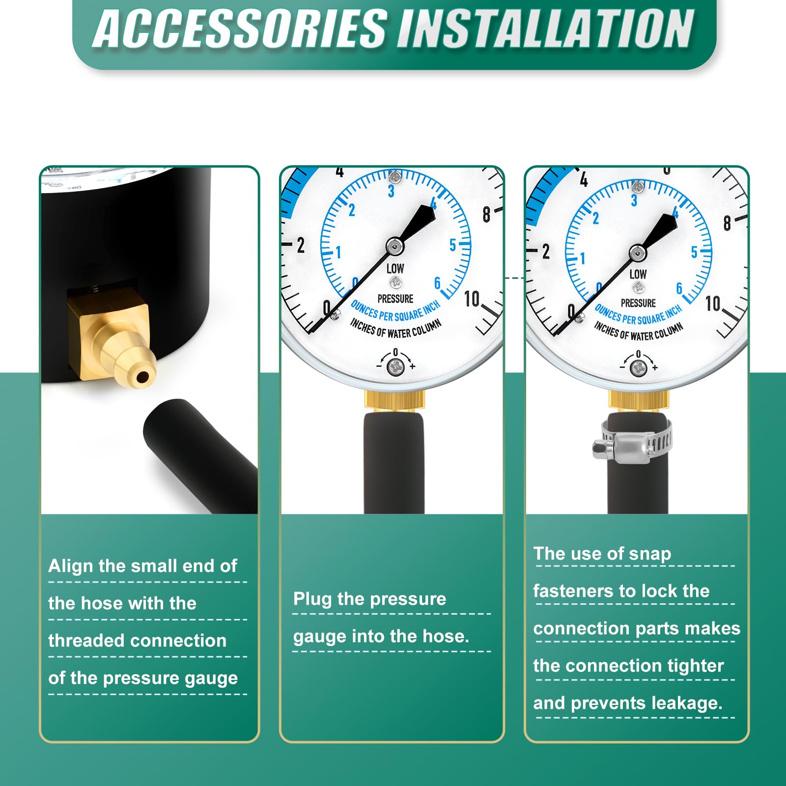 Kit de prueba de presión de colector de gas natural o LP de 0 a 10 pulgadas, con manguera de pies de 40 pulgadas, accesorio NPT de 1/8 pulgadas, conexión de púas y buje hexagonal, para