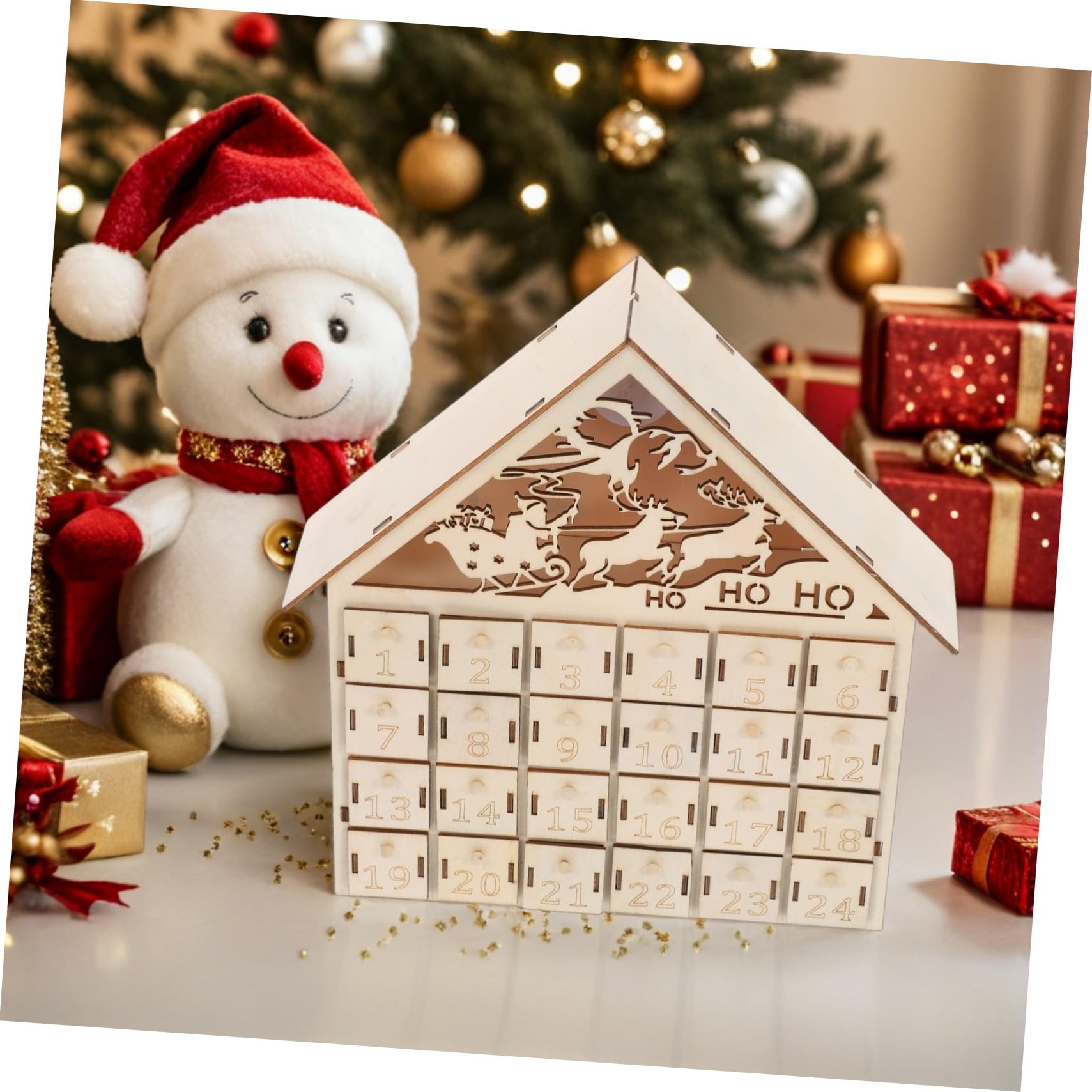 Anneome Holz Adventskalender Tage LED Beleuchtet Nachfüllbar Weihnachtscountdown Rustikales Tischdeko Festliches Dorf DIY Füllbare für Familienfreude