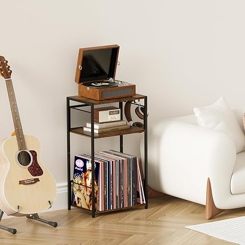 Miniatura 4 de Aduanbang Soporte para tocadiscos de 3 niveles con almacenamiento para hasta 100 álbumes de vinilo, estante giratorio con acabado marrón para sala