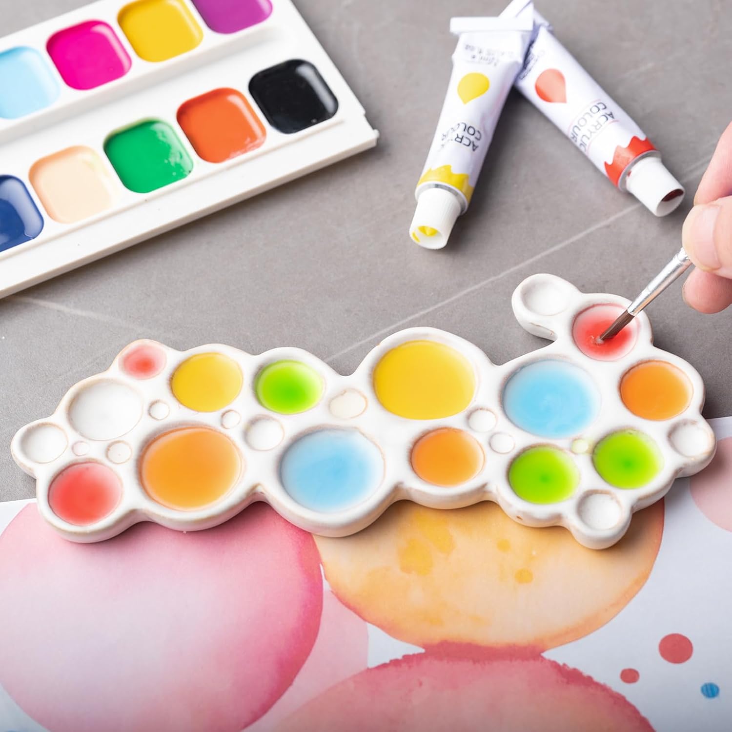 ANLYAWX Ceramic Paint Palette – Portable Watercolor Trays for Artists | Easy-Clean Porcelain Mixing Palette with Thumb Stopper Unique Bubble Shape Design for Adult Kids and Travel Use