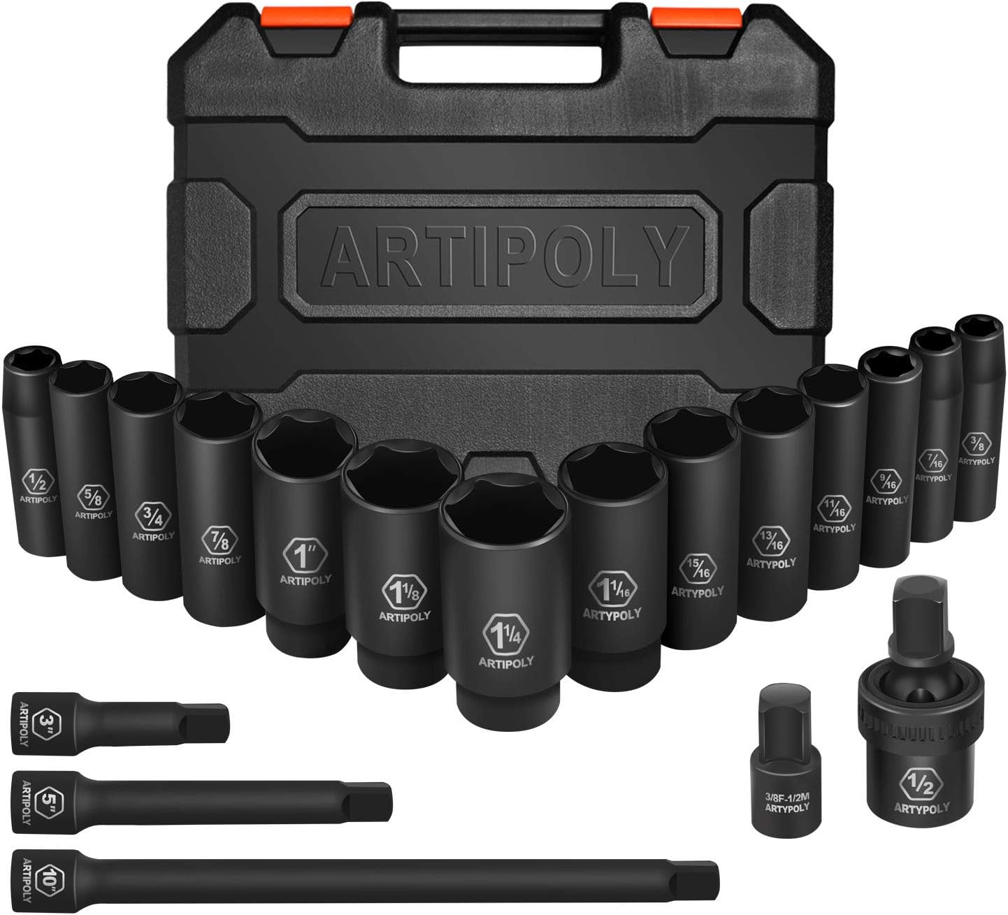 ARTIPOLY 1/2" Drive SAE Deep Impact Socket Set, 19 Piece Cr-V Steel Socket Set SAE Size 3/8" to 1-1/4", Includes Extension Bars, Universal Joint and Adapter, 6 Point Design, Meets ANSI Standards