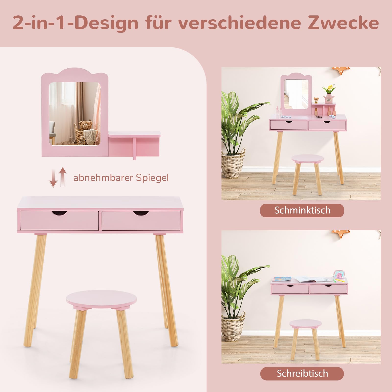 COSTWAY Make-uptafelset voor kinderen, 2-in-1 kinderbureau van hout met kruk, ovale draaibare spiegel, lade, kaptafel en stoel voor meisjes van 3 tot 7 jaar