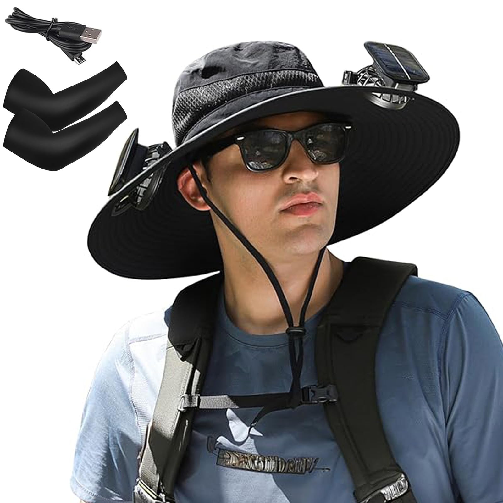 Sombrero de pesca de ala ancha para exteriores con 2 ventiladores solares, impermeable, carga USB, ventilador, protección UV UPF 50+