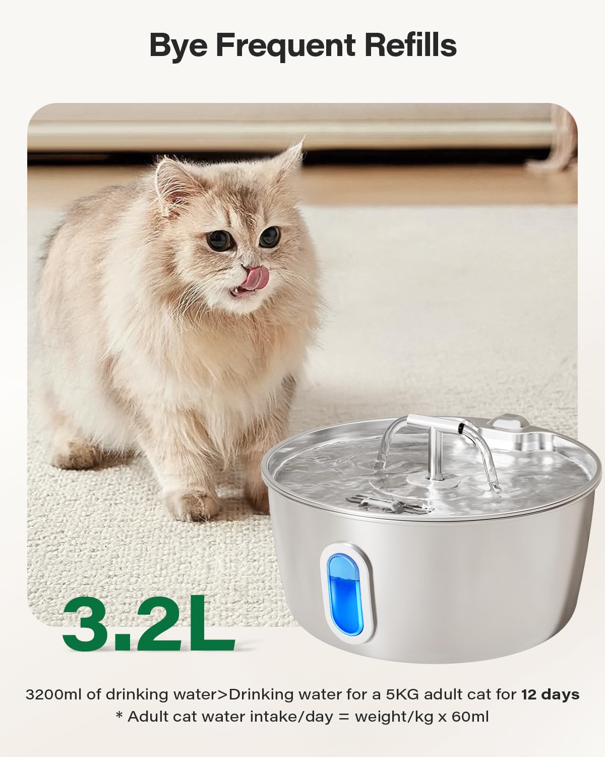 Cat Water Fountain Stainless Steel - 3.2L/108oz Pet Water Fountain for Cats Indoor - Automatic Pet Watering Dispenser (1 Filter) - image 2