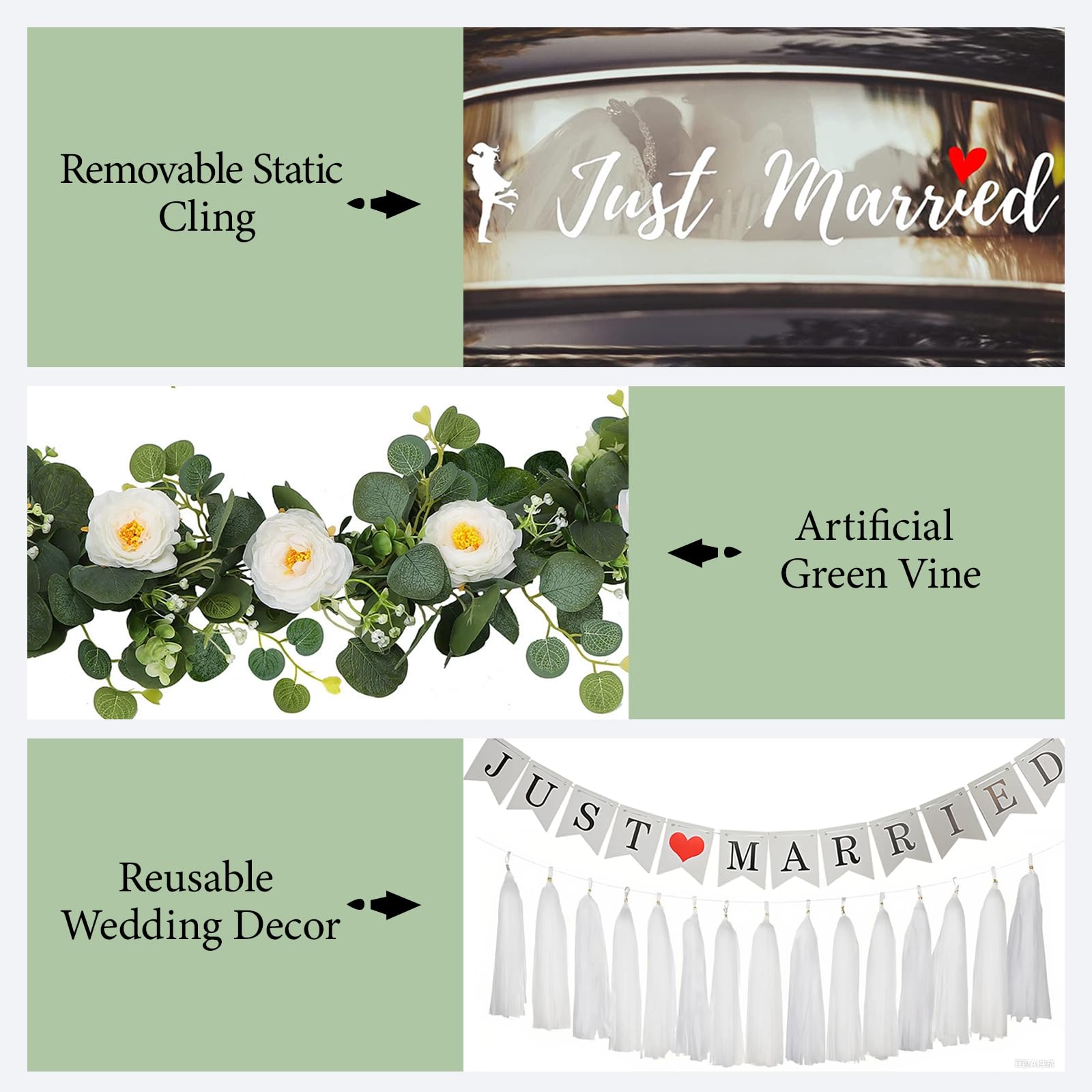 Lot de 4 décorations de voiture « Just Married » avec bannière amovible en papier et pompons pour fenêtre de mariée et marié, lune de miel, escapade, envoi de véhicule