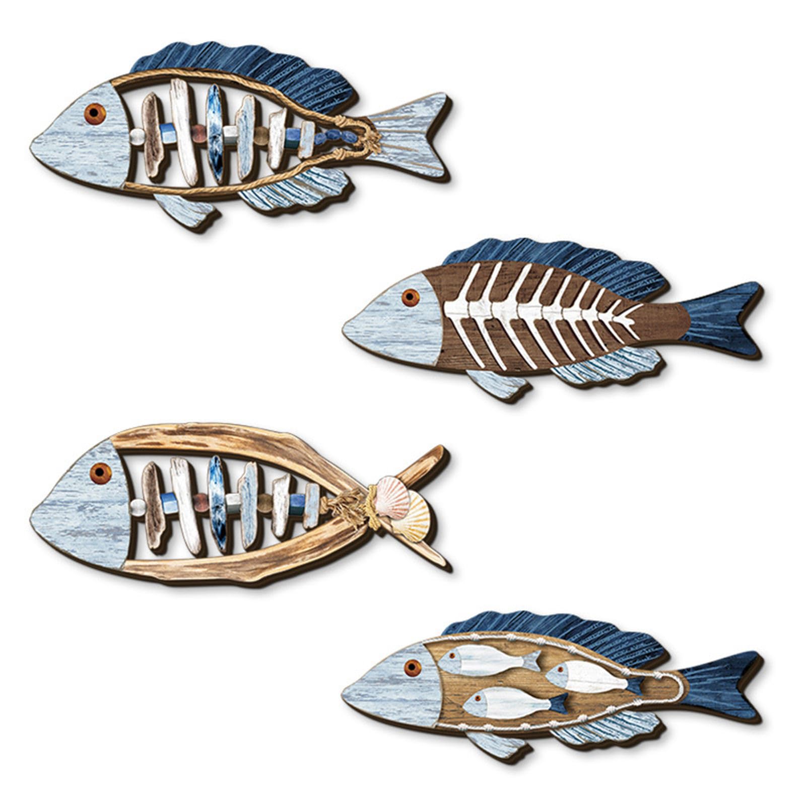 NEWFT 4Pieces Seasides Inspireds Wooden Wall Art Fish Decorations for Entryway Hallway Interior Mediterraneans Wall Decorations