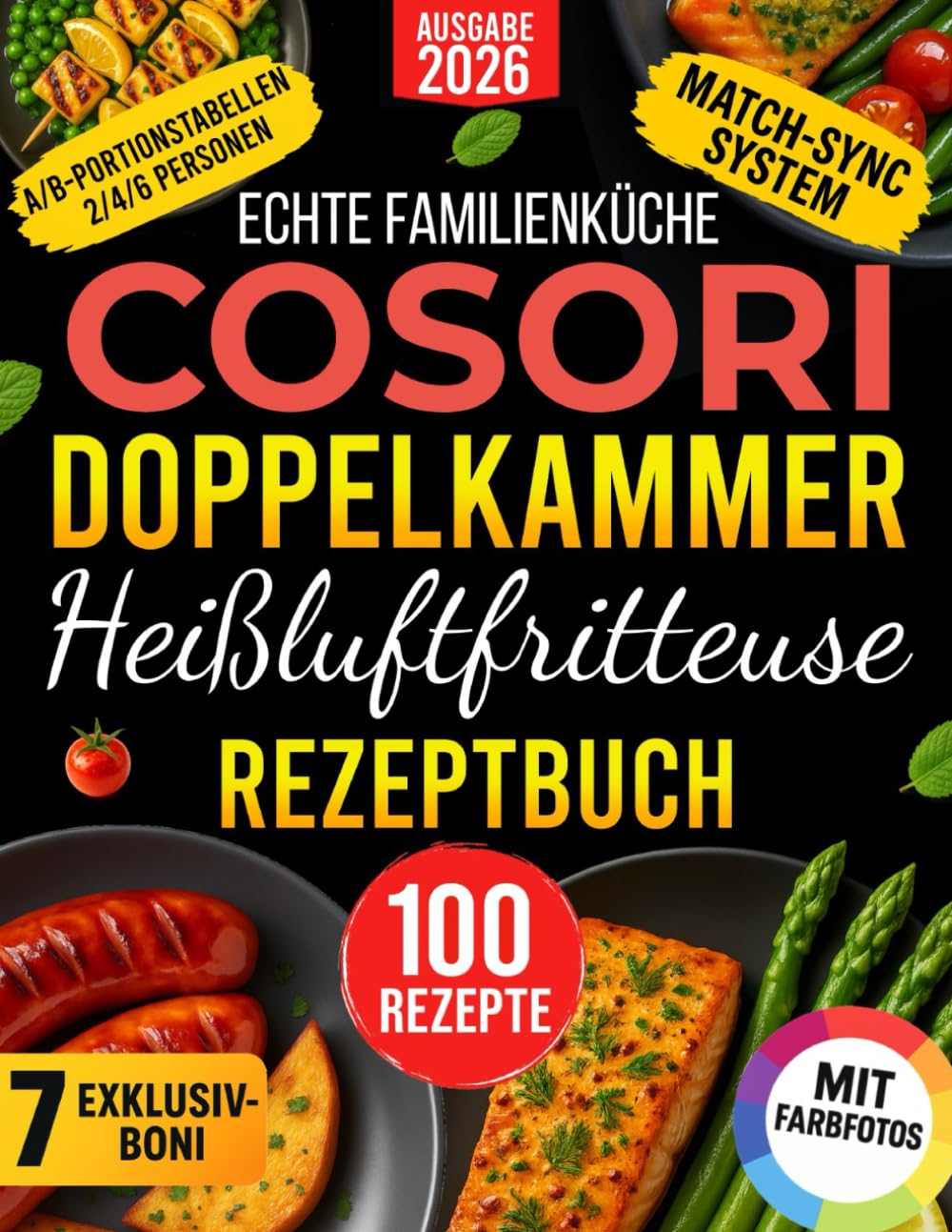 Echte Familienküche COSORI Doppelkammer-Heißluftfritteuse Rezeptbuch: A/B-Rezepte mit MATCH/SYNC, Portionstabellen & verlässlichen Zeiten – Stressfreie, Gesunde und Leckere Abendessen ab 20 Minuten