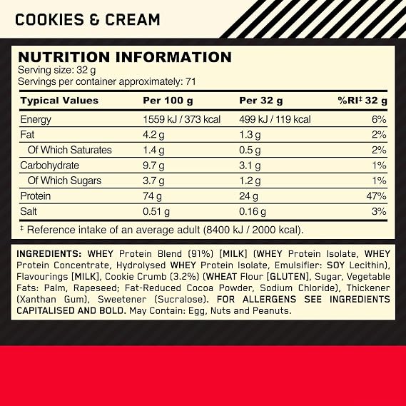 ON Optimum Nutrition 100% Whey Gold Standard Cookie and Cream Flavored 2.27kg 71 Service