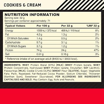 ON Optimum Nutrition 100% Whey Gold Standard Cookie and Cream Flavored 2.27kg 71 Service