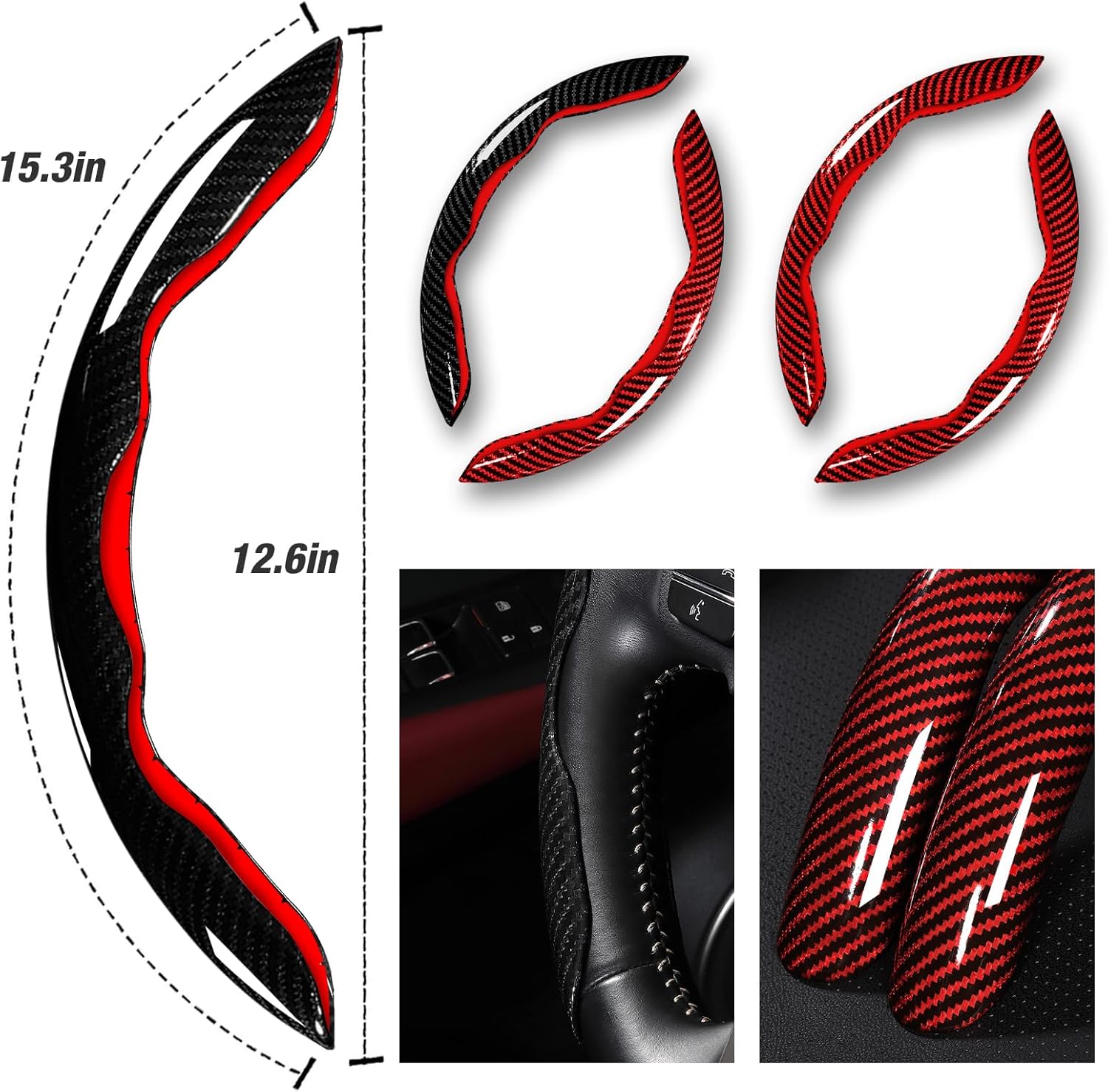Car Steering Wheel Cover Set Bright Carbon Fiber Wrap Non-Slip 3pcs Steering Wheel Accessories 14.5-15 inch Universal (Black Red) - Image 5