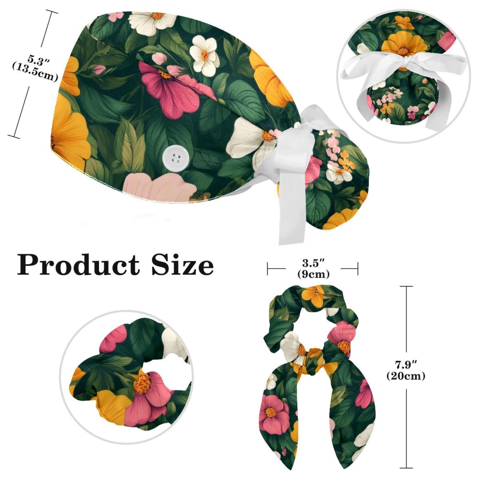 Anna Cowper Adjustable Working Cap with Button Sweatband, Flowers Leaves Elastic Tie Back Hats