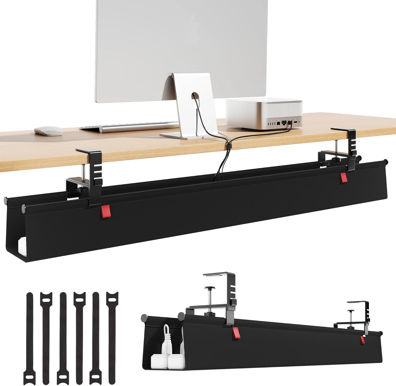 Litwaro Under Desk Cable Management Tray No Drill, 40.6" Cord Organizer with Clamp for Standing Desk, Premium Fabric Cable Tray with Wire Management for Office Home, Black