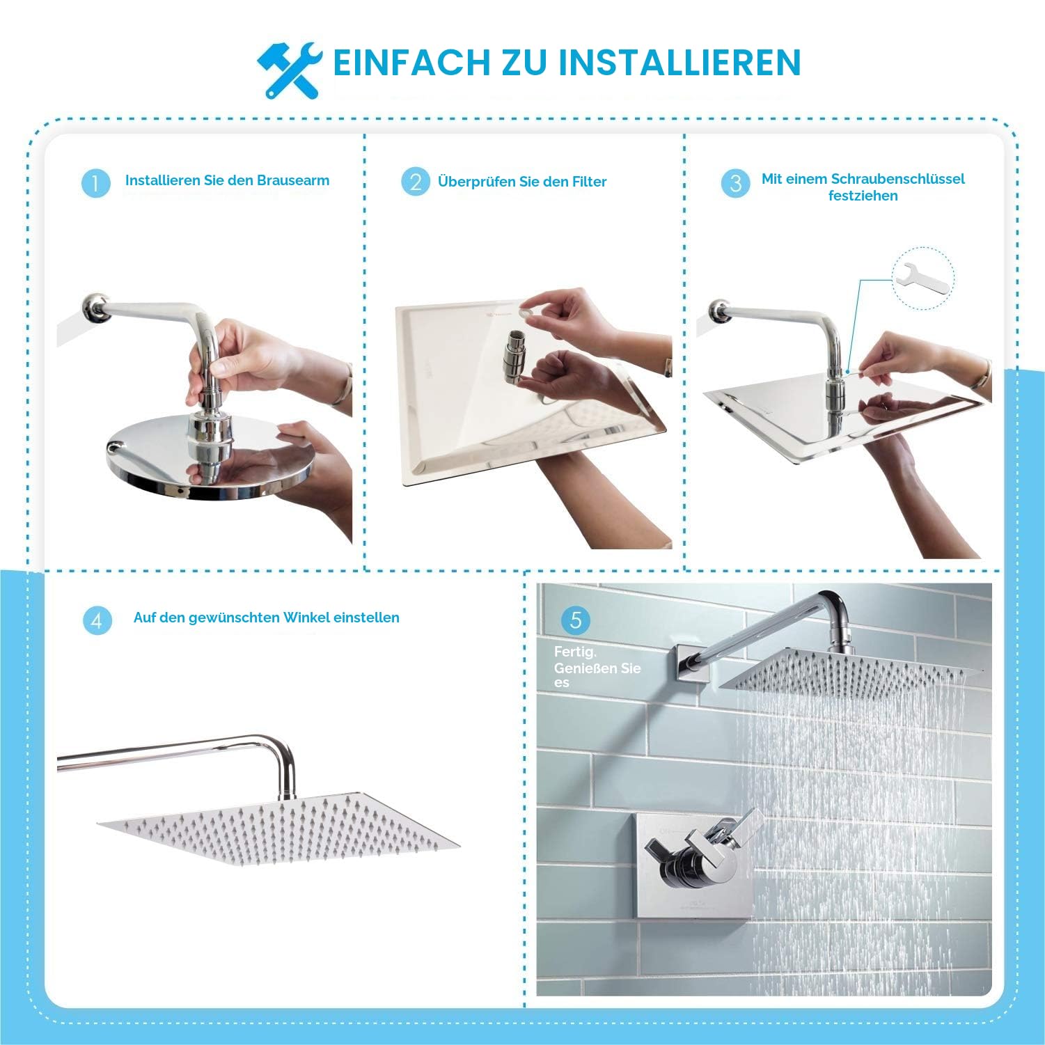 40.5cm Großer Regenbrause, Voolan Quadrat Hochdruck Duschkopf aus Edelstahl 304, komfortables Duscherlebnis auch bei niedrigem Wasserdruck, installierbar an der Wand oder Decke (16 Zoll, Chrom)