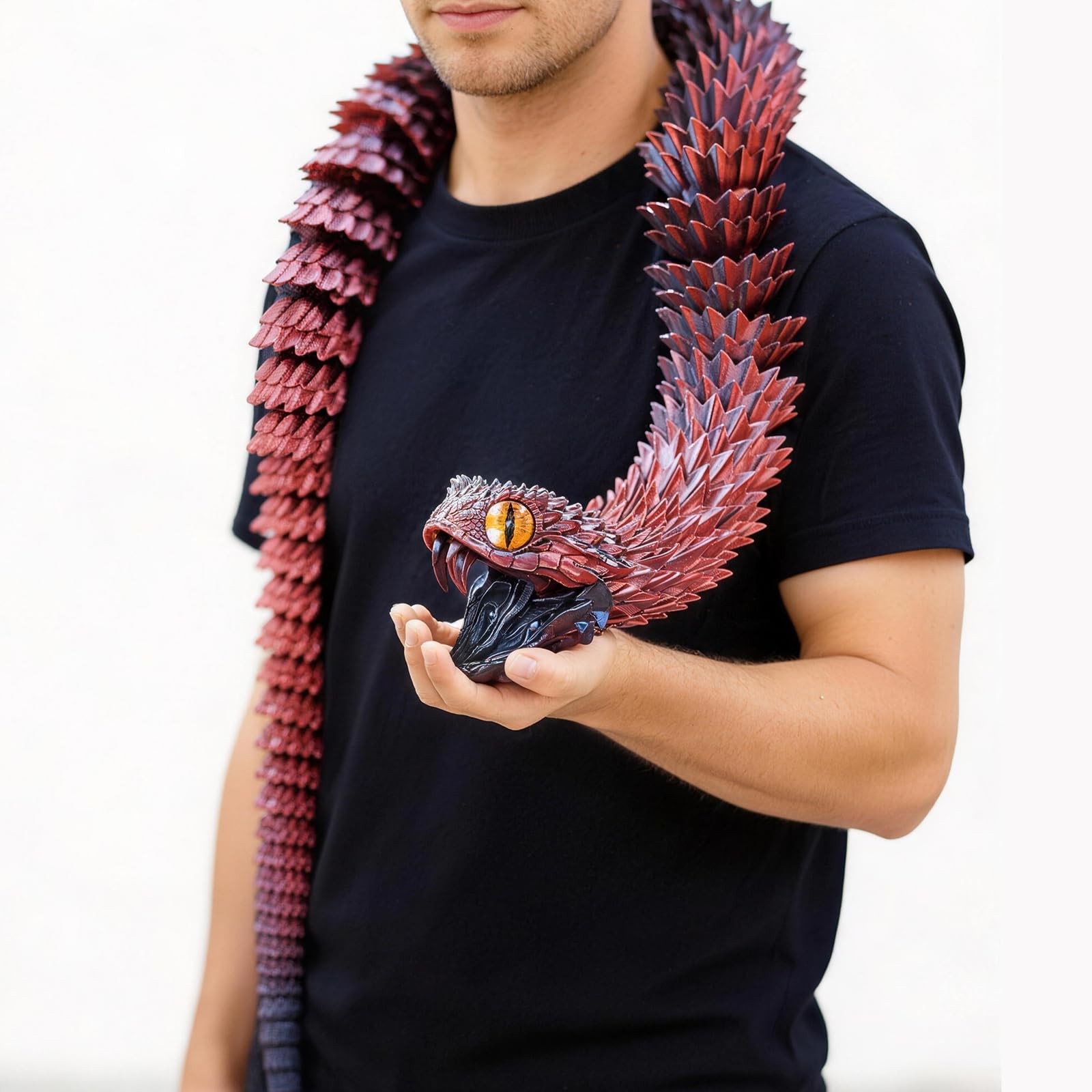 48Inch Super Large 3D Printed Snake Models, Giant 3D Fidgets Stuff Animals Toys with Movable Teeth, Flexible Joint Viper Snakes Statue for Home Office Decor - Surprise Fantasy Gifts (Red Black)