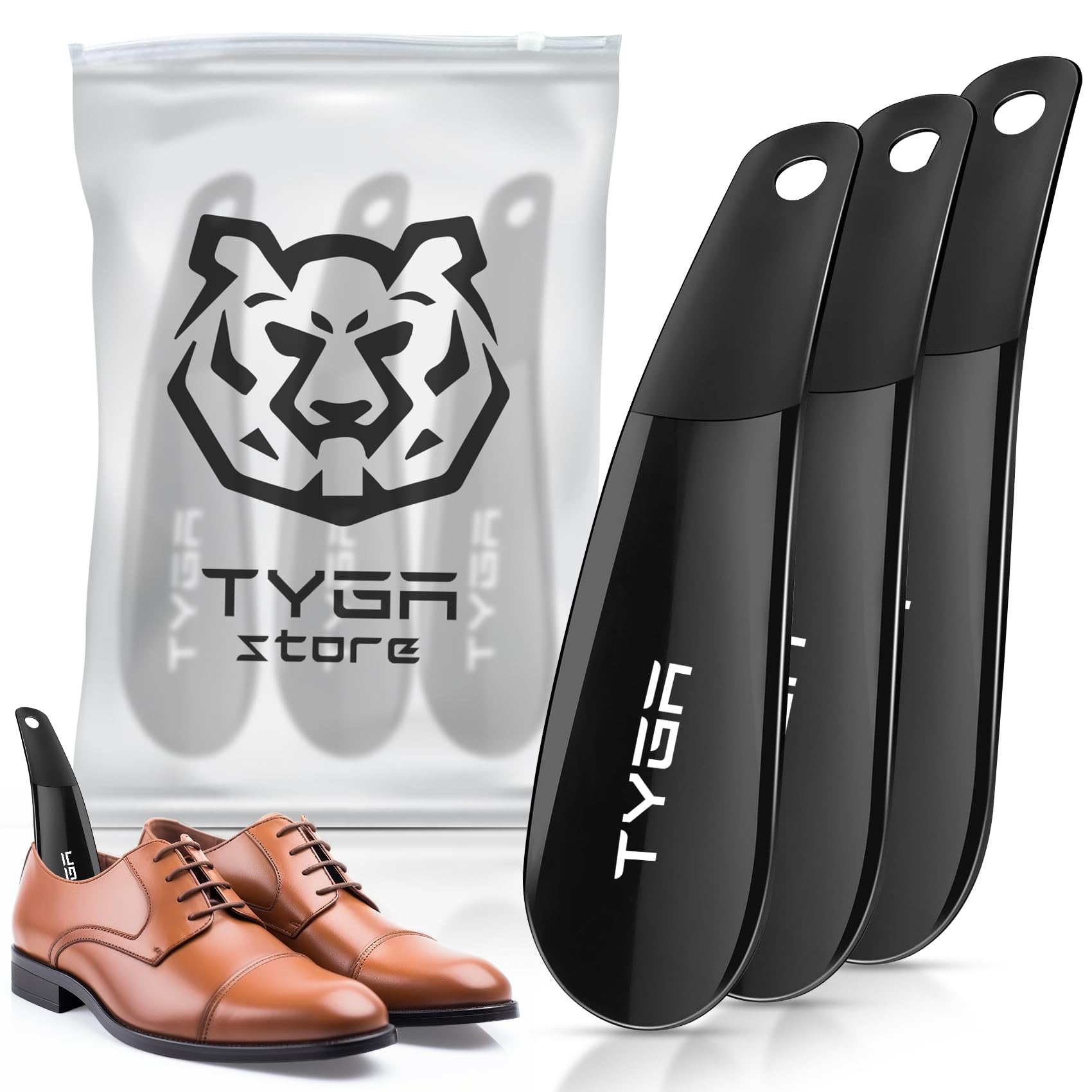 | 3 x Black Shoe Horns, Universal - Suitable For All Shoes, Heels, Boots & Trainers - Prevent Creases on Spine/Counter - Easily Slip In Your Feet. (For Men, Women & Children) (Pack of 3)