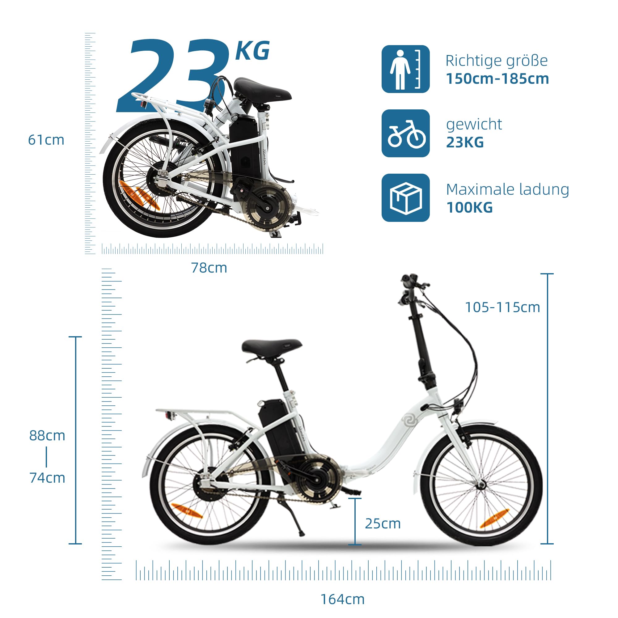 VecoCraft 20 Zoll Klappbar E-Bike Nemesis | 250W Motor, 25 km/h, 36V 7.8Ah abnehmbaren Lithiumbatterien Reichweite 65km | e Bike für Pendler & Stadt