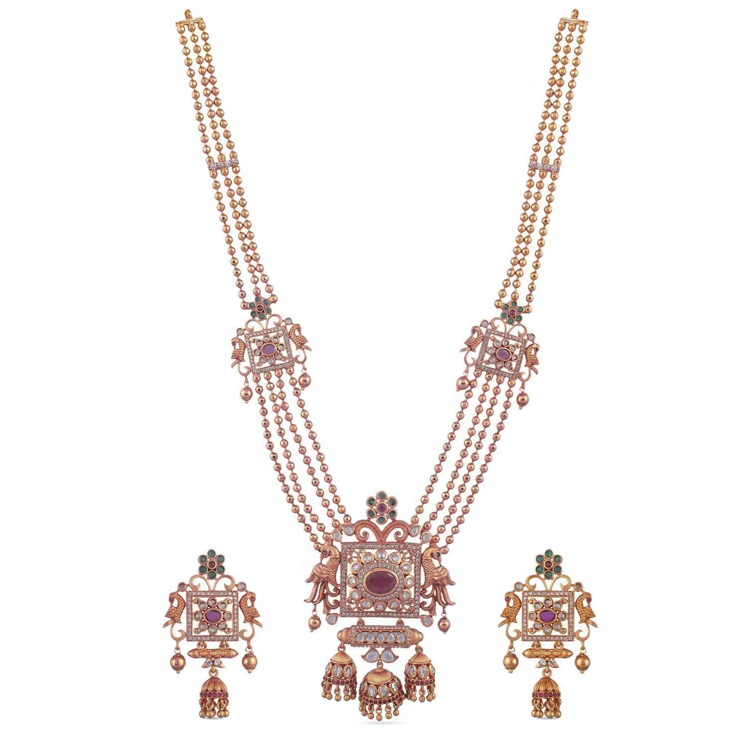 TARINIKAAntique Gold Plated Myra Long Necklace Set with Peacock Design - Indian Jewelry Sets for Women | Perfect for Ethnic Occasions | Traditional South Indian Necklace | 1 Year Warranty*