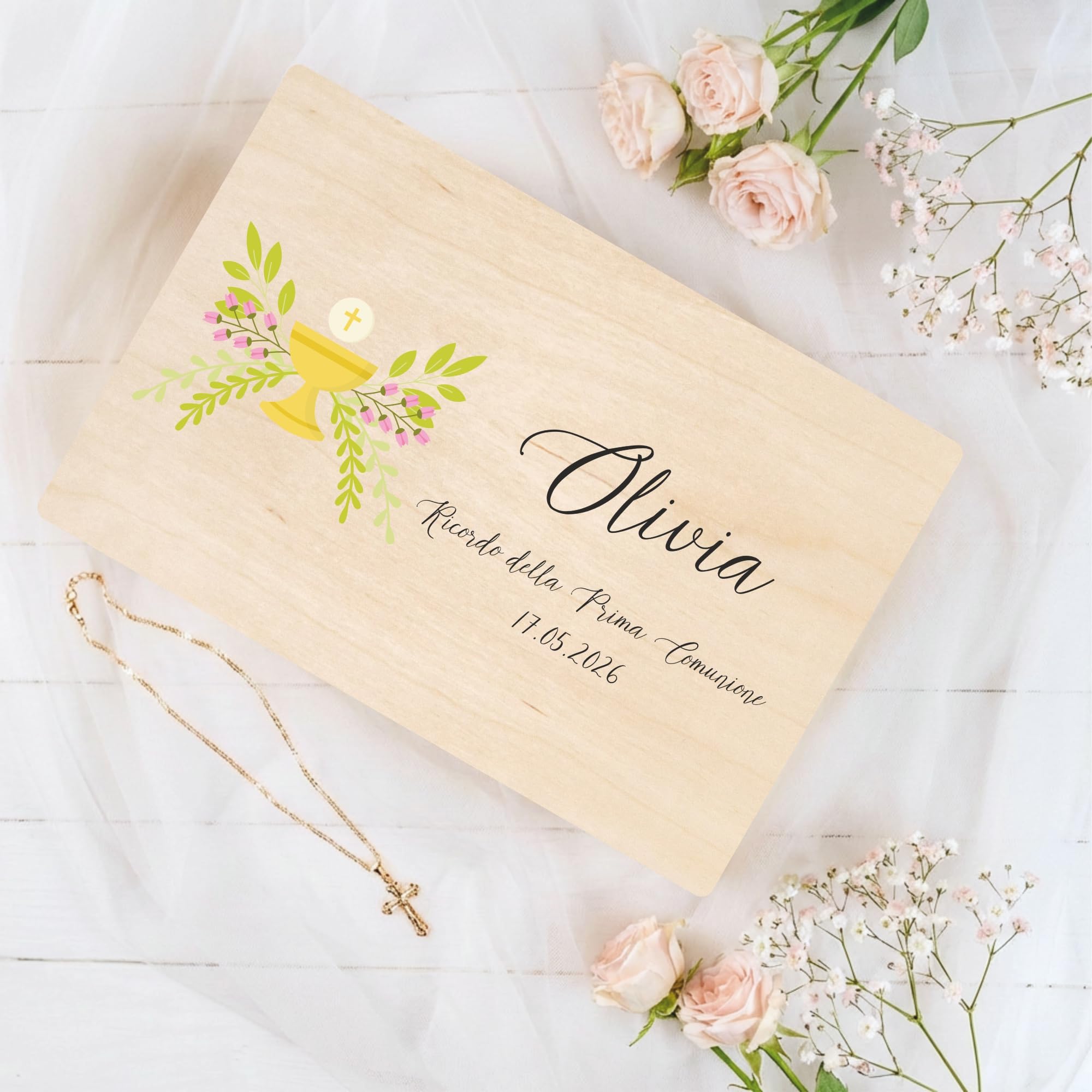 Creative Deco Prima Comunione Scatola di Regalo Personalizzato | Scatola della Memoria in Legno per Bambino/Bambina | Personalizzata - Calice Giallo | Incisione | per Ragazzo e Ragazza