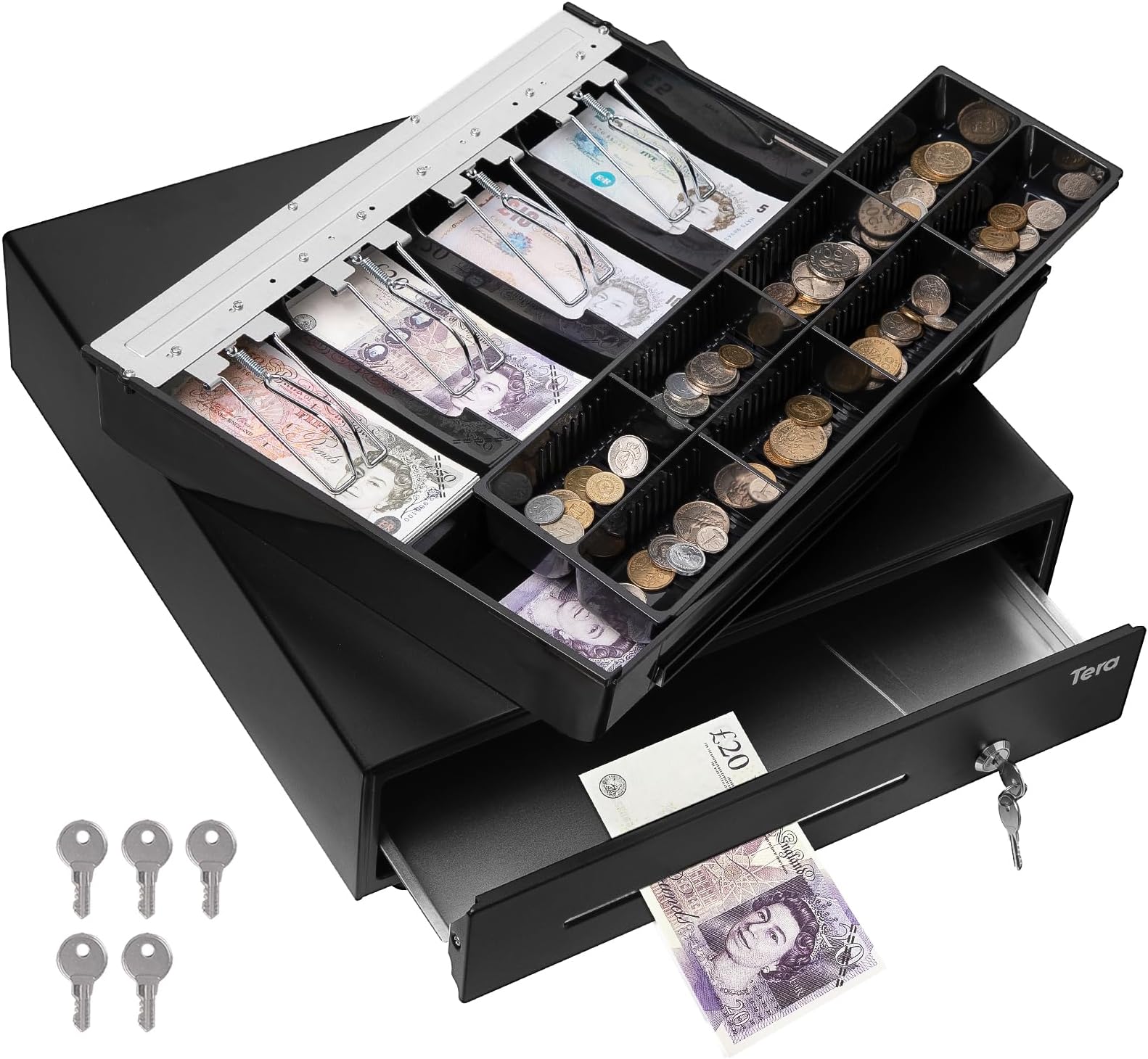 Tera Cash Register Till Drawer Box Cash Drawer Tray for POS System, Removable Coin Compartment for Shops Businesses, 415R