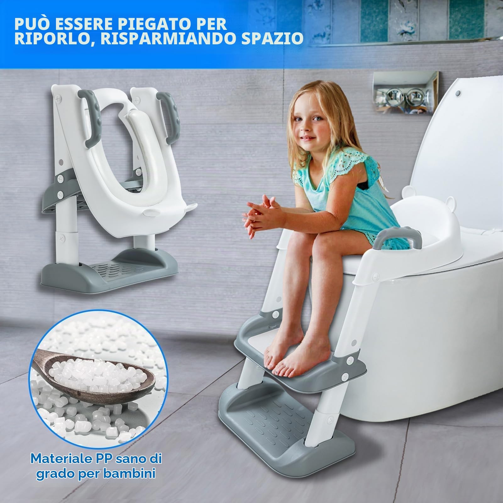 UCAMP Riduttore wc per bambini,Scaletta WC per Bambini Pieghevole,Riduttore wc Bambini,Pieghevole Regolabile in Altezza,con PU Morbida Seduta Imbottita, pedana antiscivolo anti-spruzzo,per V,U,O