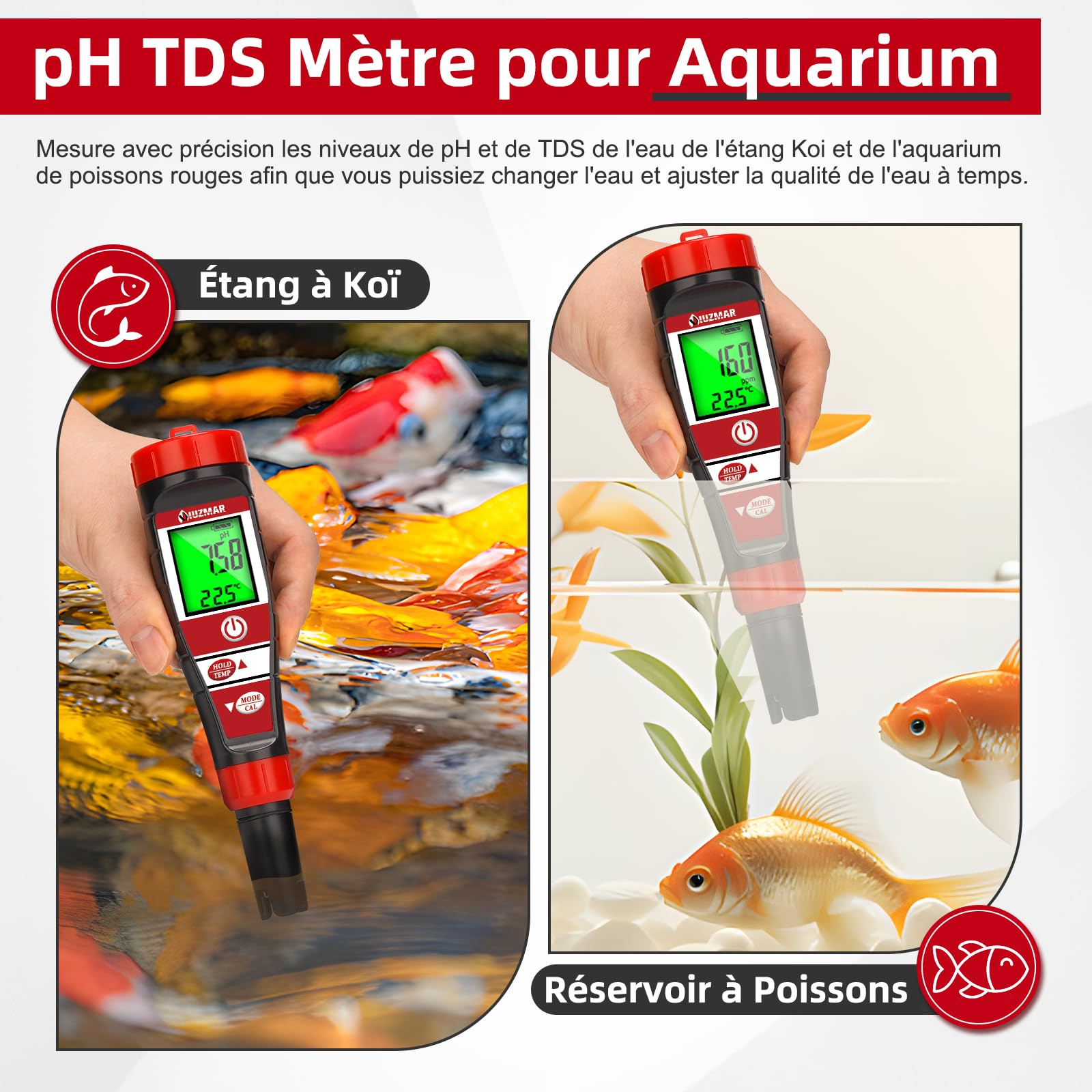 UIUZMAR pH Mètre pour L'eau 4 en 1 pH EC TDS Temp Mètre pour Piscine Aquarium Hydroponique Testeur d'eau PPM et EC pH Testeur Numérique de Piscine de Haute Précision pH Mètre pour Eau Potable