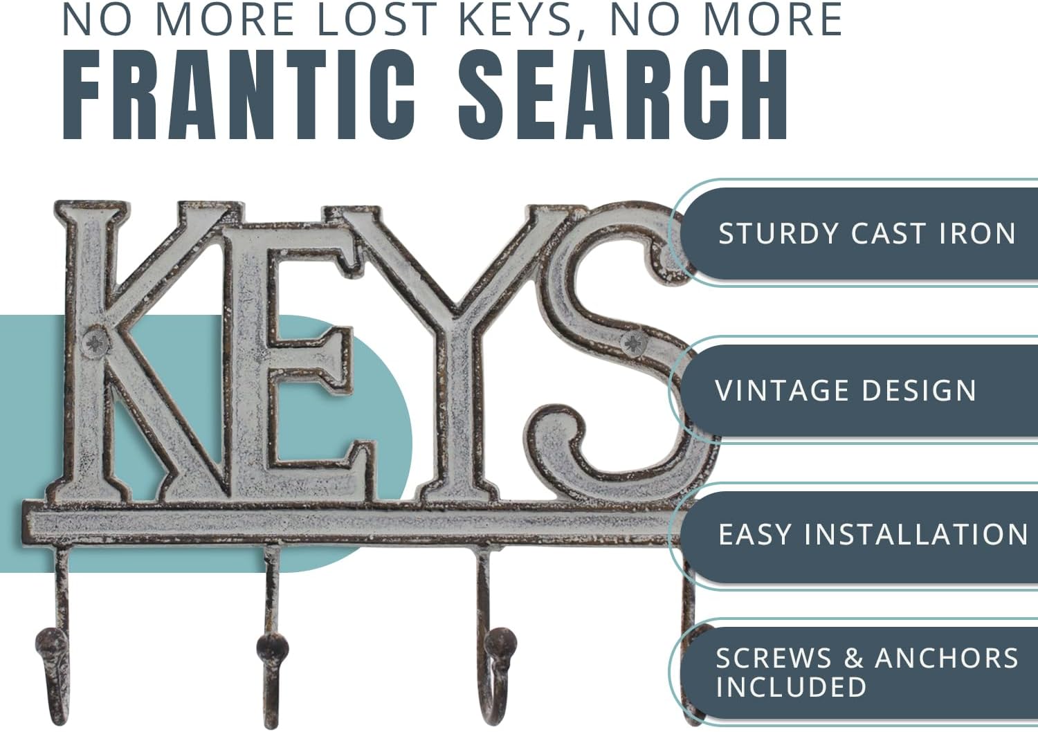 Comfify White Cast Iron Key Holder for Wall – Keys Sign with 4 Hooks image 2