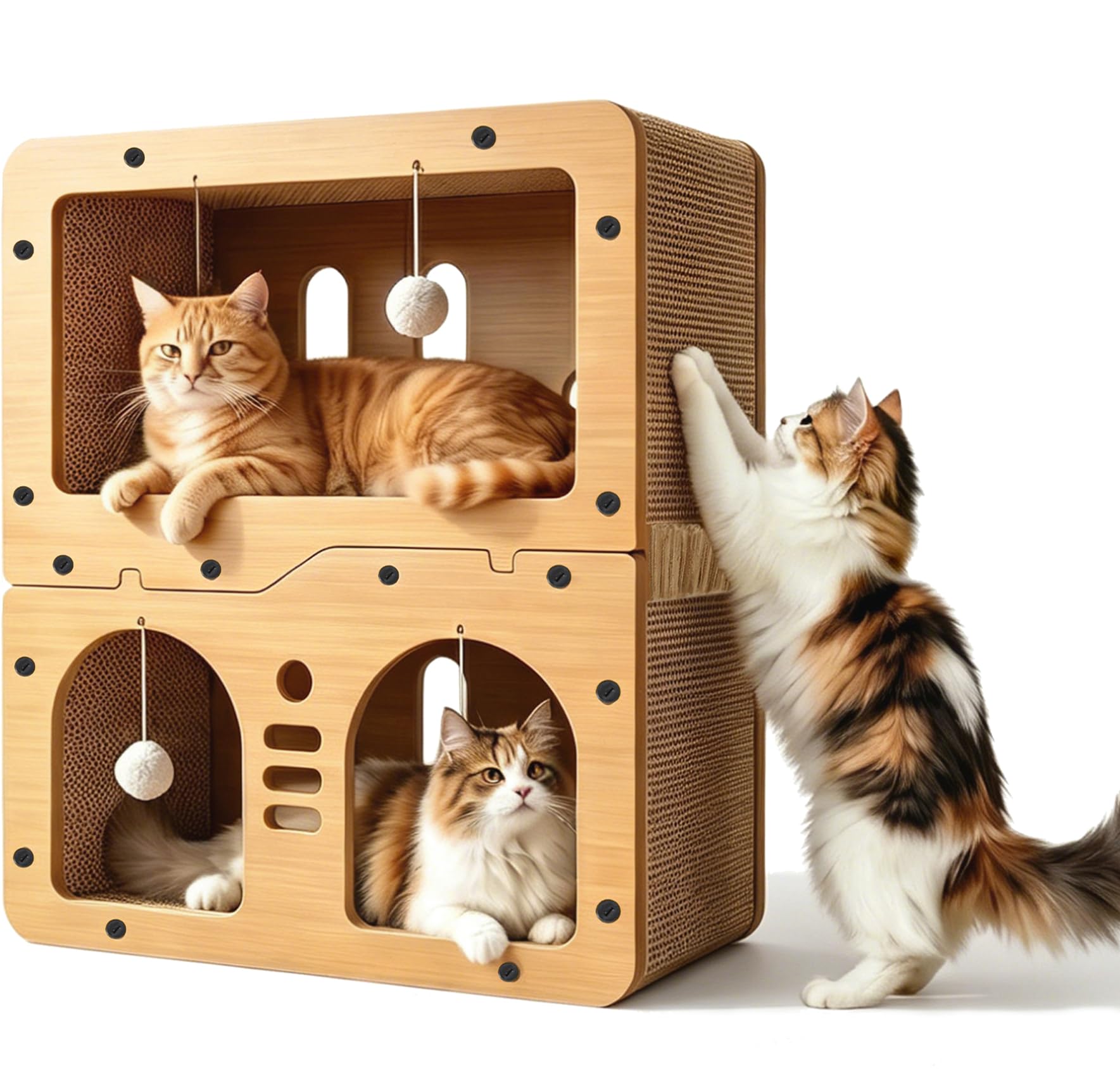 2-Floor Cat Scratcher House，Scratching Board, Hanging Ball Toy, Large Space Cat Bed Furniture for Multi Cats，Durable Board Entertain Feline Friends Prevent Furniture Damage