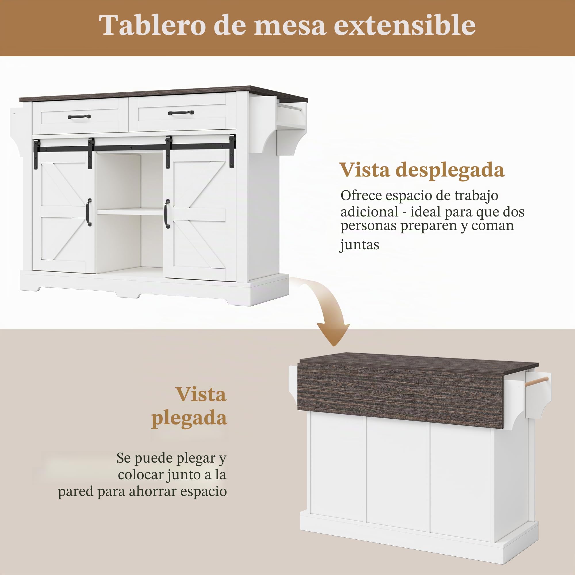 Isla de cocina con encimera plegable, carrito de cocina con ruedas, armario de cocina con 2 puertas correderas y 2 cajones, armario de almacenamiento de cocina, 120 × 45 (70)× 91 cm (blanco)