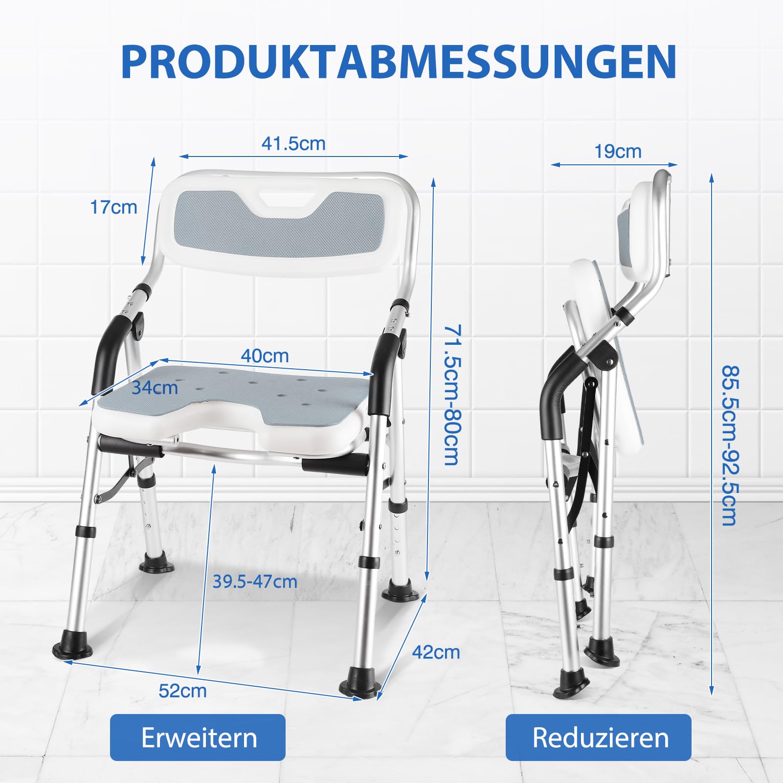 DEWEL Duschstuhl für Senioren, Duschstuhl Klappbar mit Rückenlehne und Armlehne, 4-Stufige Höhenverstellbarer, mit Duschbrausenhalter - Werkzeugfreie Montage, Tragfähigkeit von 150 kg (Grau)
