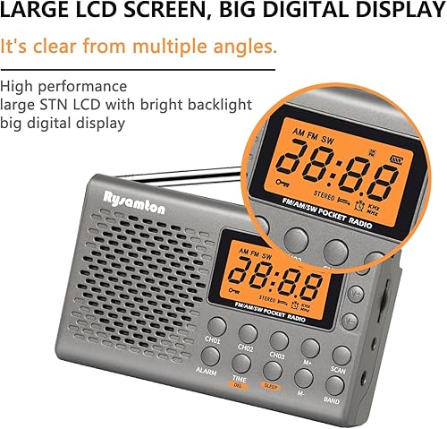 Miniatura 4 de Radio portátil AMFMonda corta, radios de bolsillo con pilas, pantalla digital grande, radio reloj con alarma y función de sueño, auriculares