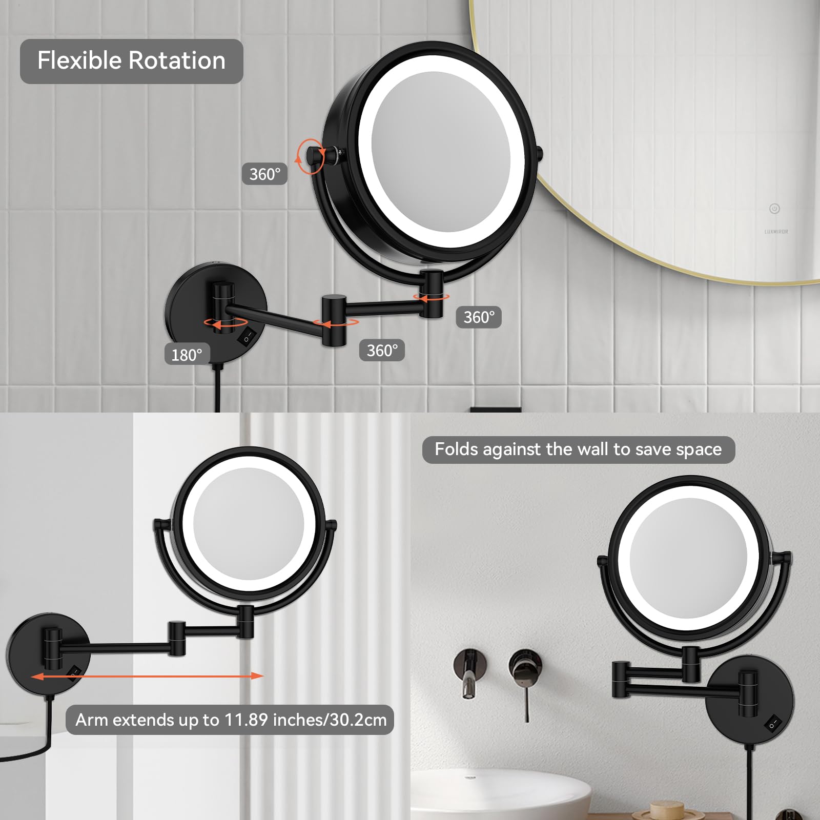 Nicesail Espejo Maquillaje con Luz Pared Negro Espejo de Aumento 7X - 3 Colores de Luz - Extensible - Marco Grueso - para Afeitarse Baño,Diámetro 20 cm