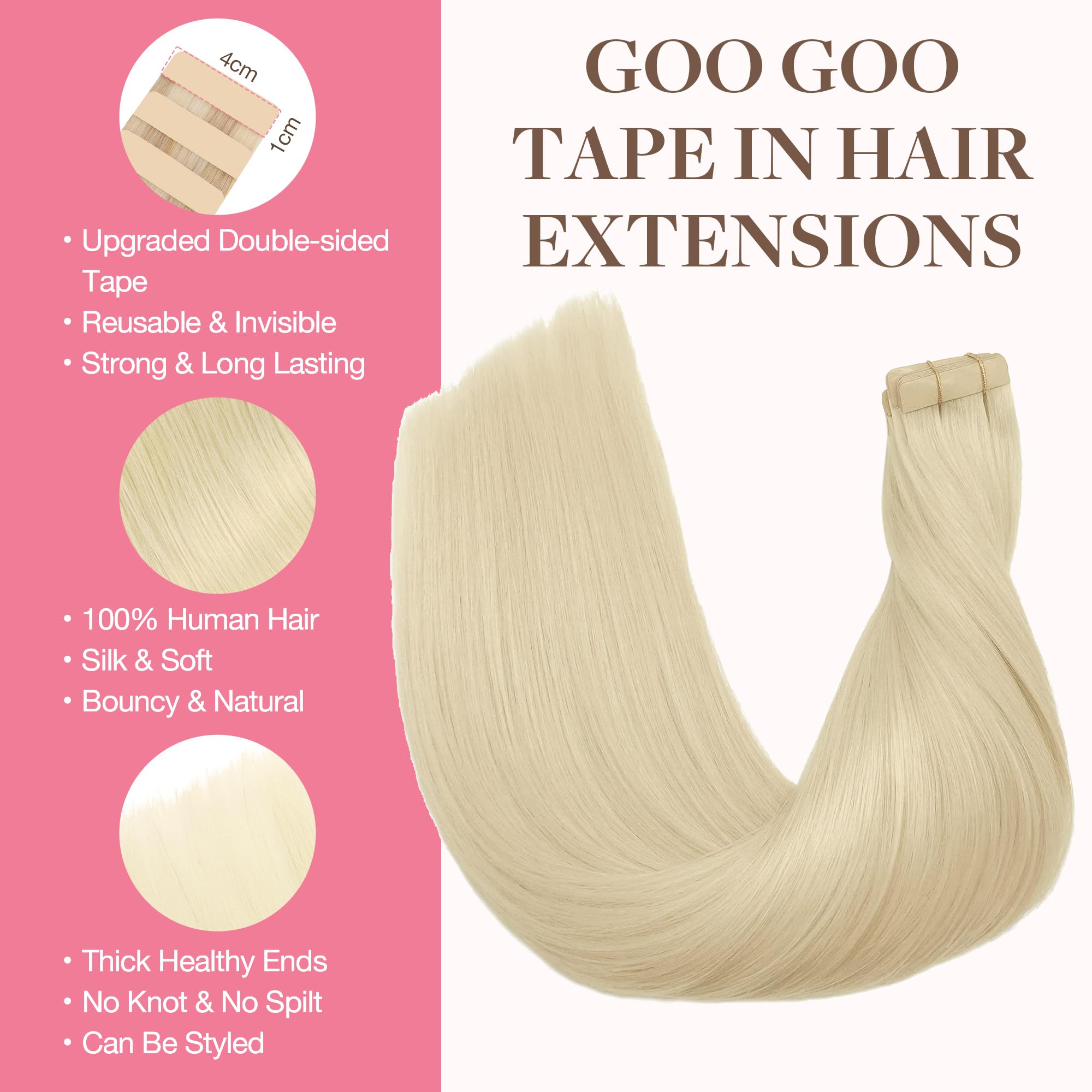 GOO GOO Tape in Hair Extensions human hair, tape Hair Extensions, 24inch 100g 40pcs, Human Hair Extensions, 60A Platinum Blonde - Image 2