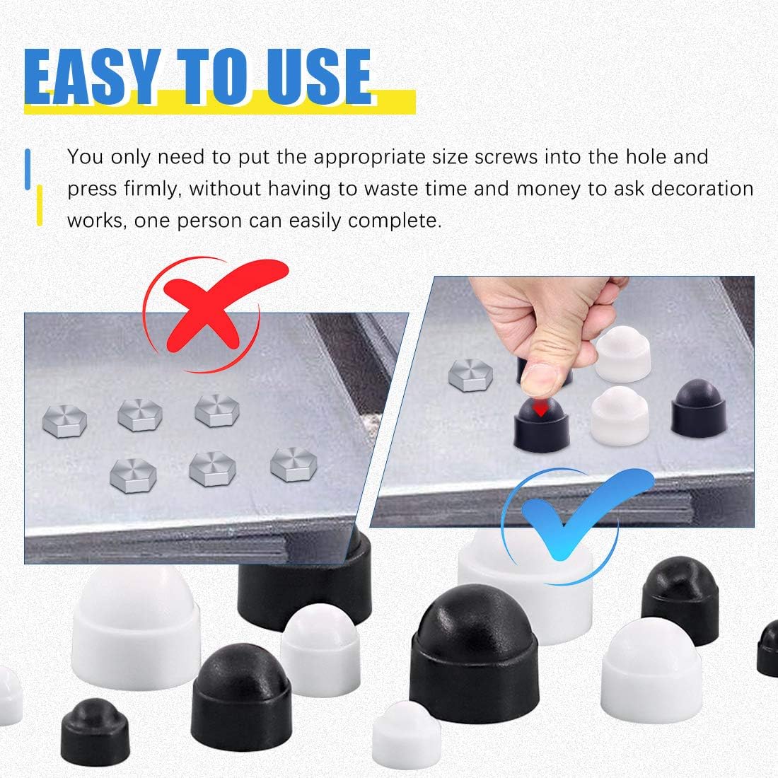 Glarks 300Pcs Black and White Bolt Covers Screw Caps Assortment Kit, M4 M5 M6 M8 M10 M12 Nylon Acorn Dome Protection Caps for Protecting Hexagon Shaped Screws Bolts(Black and White)