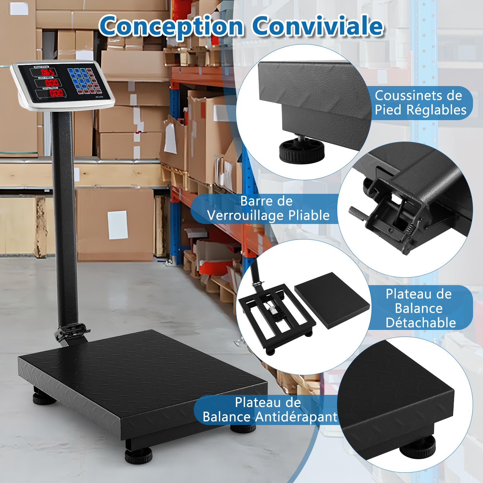 COSTWAY Balance Plateforme Professionnelle Industrielle avec Écran LED, Balance Numérique Pliante, Capacité 300 Kg, Précision 50 g, Autonomie 10 h, pour Colis, Entrepôts, Bagages (Noir)