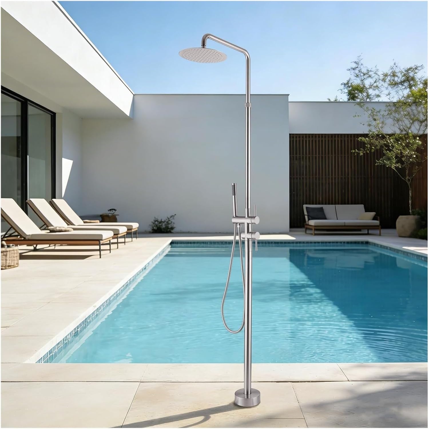 Height Adjustable Freestanding Outdoor Shower with Hose Hookup, Floor Mounted for Backyard, Poolside, Hot & Cold Water Option