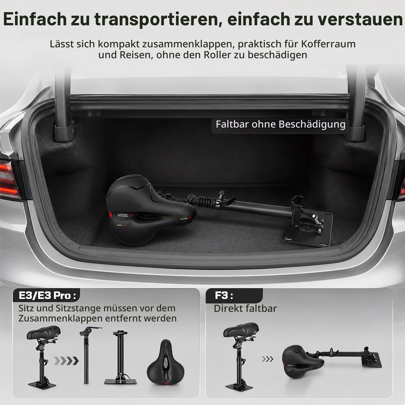 Elektro Scooter Sitz, Höhenverstellbarer Klappsitz für Elektroroller Erwachsene Kompatibel mit Segway Ninebot F3/E3/E3Pro Roller 45-65CM Sitzhöhe mit Stoßdämpfender Sitz Tragbarer Schultergurt