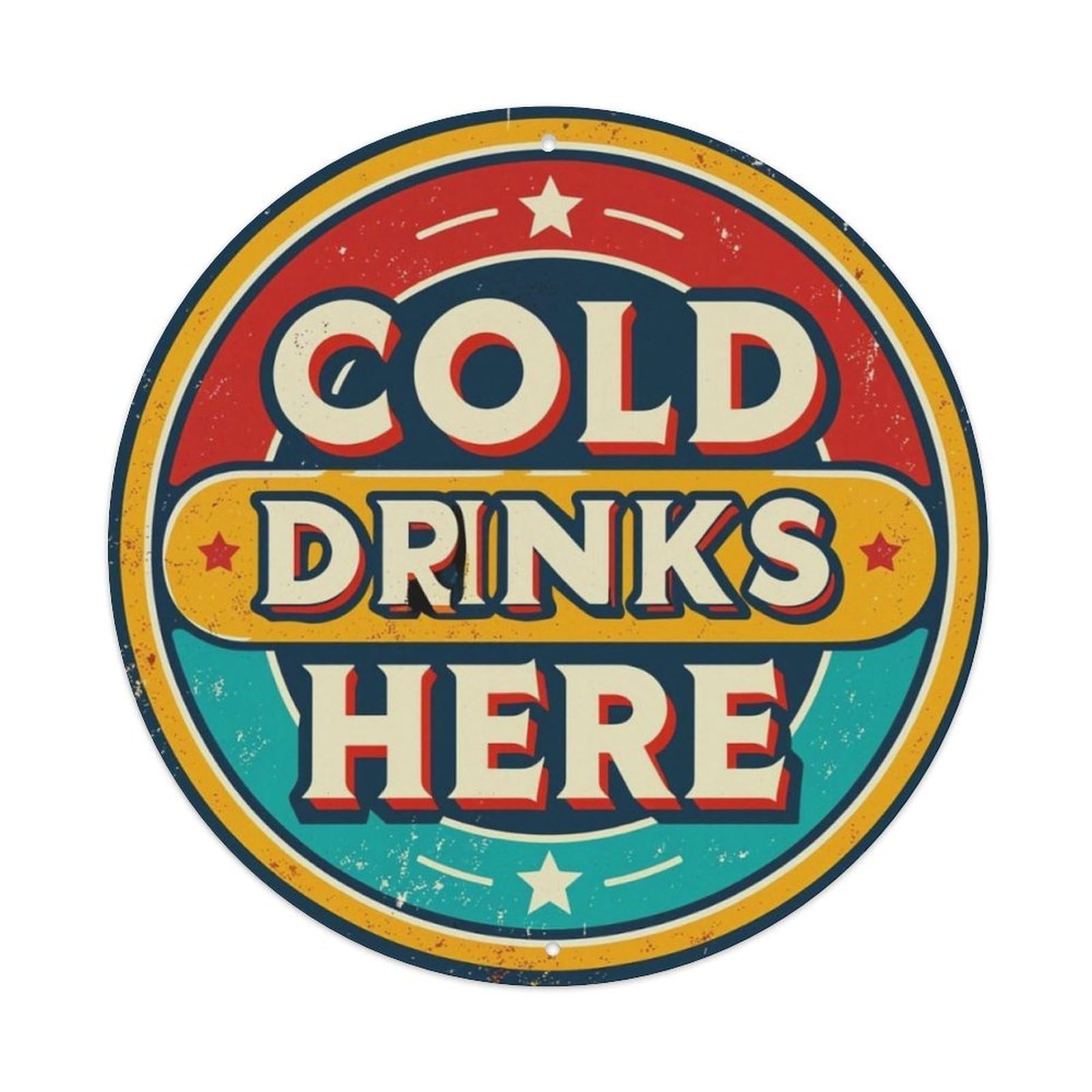 Vintage Cold Drinks Here Round Sign Vintage Aluminium Metal Sign, Retro Wall Decor for Home, Bar, Garage & Farmhouse 20x20cm