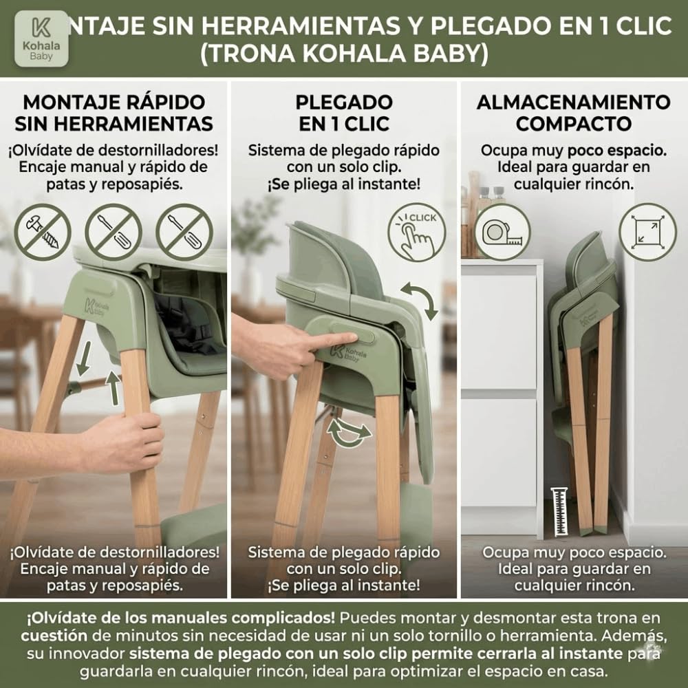 DEVESSPORT Trona 2 en 1 Plegable y Evolutiva (6 a 60 Meses) - Silla Alta Convertible con Montaje Sin Herramientas, Bandeja Extraíble, Cojín Lavable y Estructura de Acero Lacado - Verde