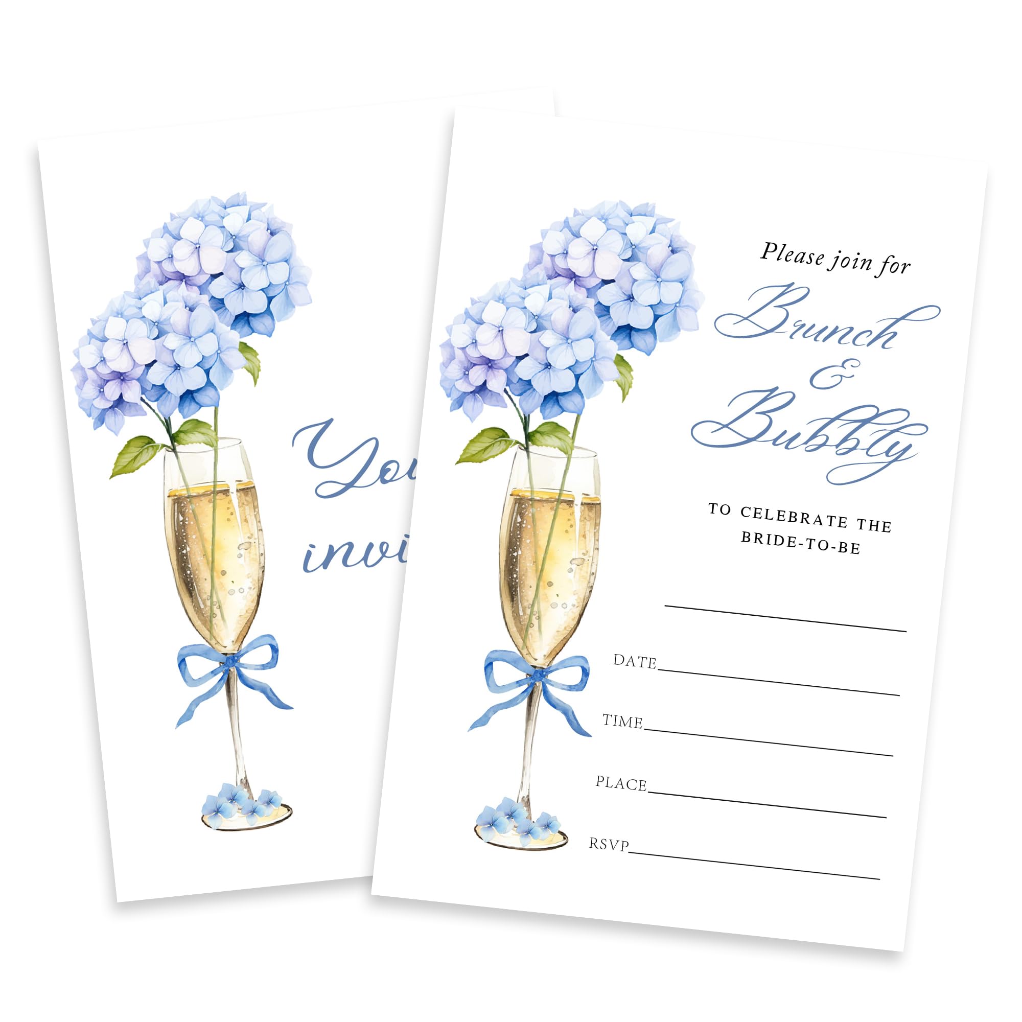 Blue Hydrangea Bridal Shower Invitations -Brunch & Bubbly - 25 Champagne Bridal Shower Invites With Envelopes For Newlyweds, Bride-To-Be, Wedding