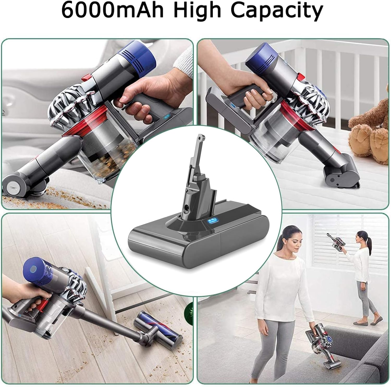 POWTREE V8 SV10 Replacement Battery in use with Dyson V8 vacuum cleaner in various cleaning scenarios