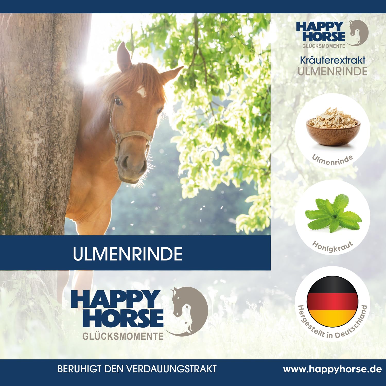 HAPPY HORSE Ulmenrinde 1.000 ml | Ergänzungsfuttermittel für Pferde mit empfindlichem Magen-Darm-Trakt | 100 % pflanzlich | Mit Schleimstoffen & Honigkraut | Made in Germany