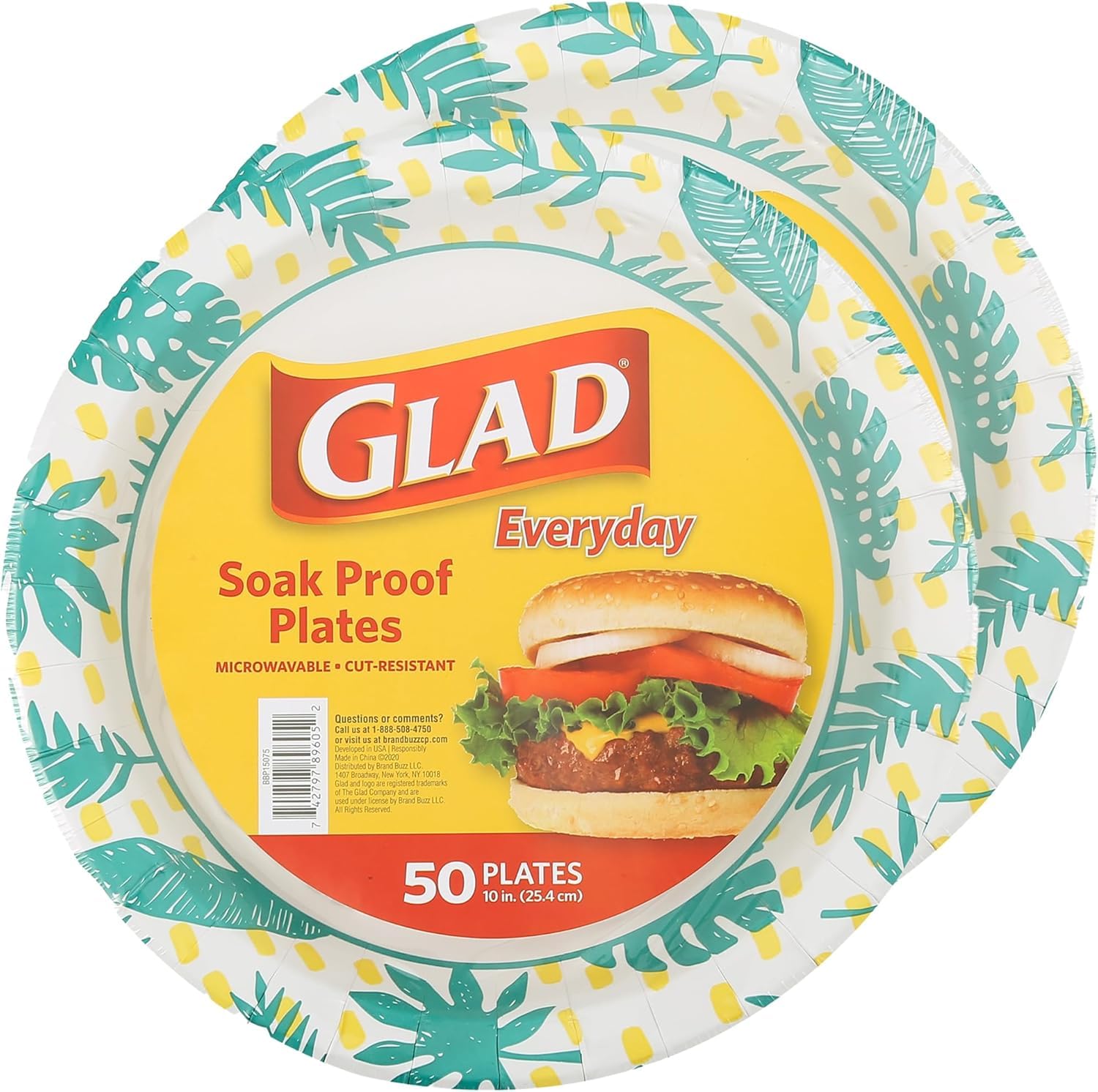 Glad Platos de papel desechables redondos, patrón de hojas de palma, fuertes, resistentes, a prueba de remojo y aptos para microondas, platos decorativos para cena y uso diario, 10 pulgadas, 50