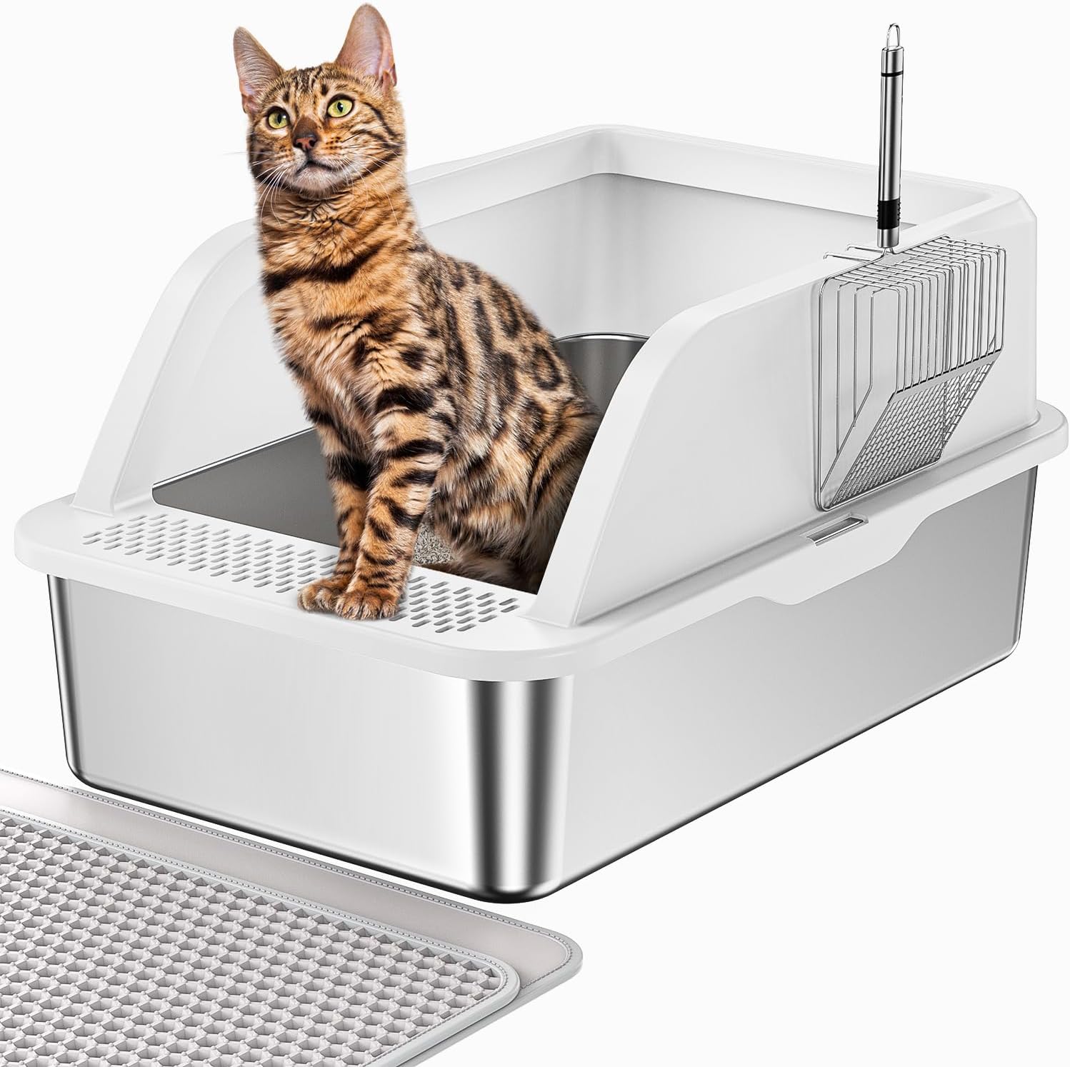 XL Stainless Steel Litter Box, Extra Large Metal Cat Litter Box with High Sided for Big Cats, Enclosed Litter Boxed with Lid, Easy-Clean Cat Litter Mat & Scoop Kit, Anti-Urine Leakage (White)