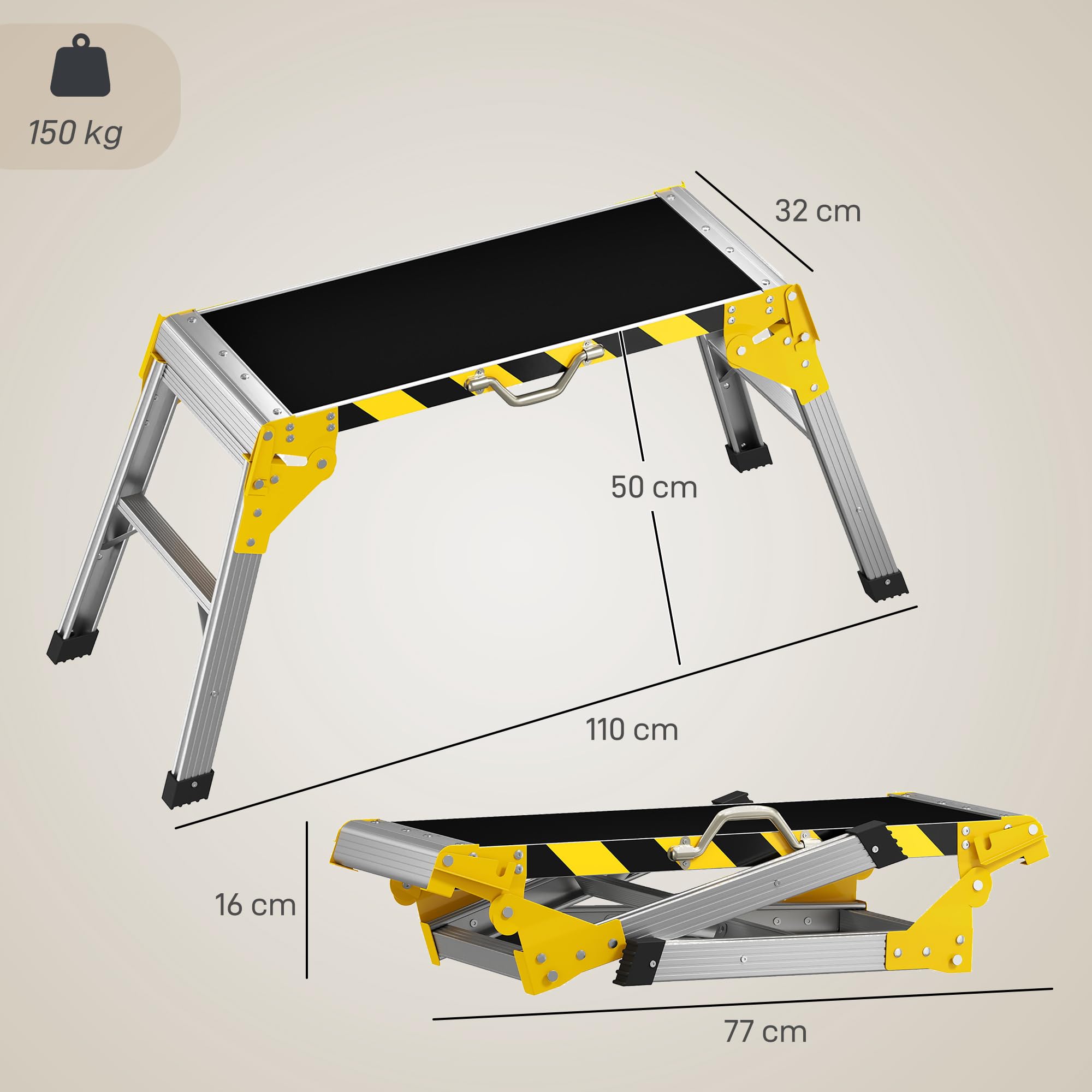 HOMCOM Banco de Trabajo Plegable de Aluminio, Mesa de Taller con Asa, Antideslizante, Tiras Reflectantes, Carga 150 kg, 110x32x50 cm, Negro