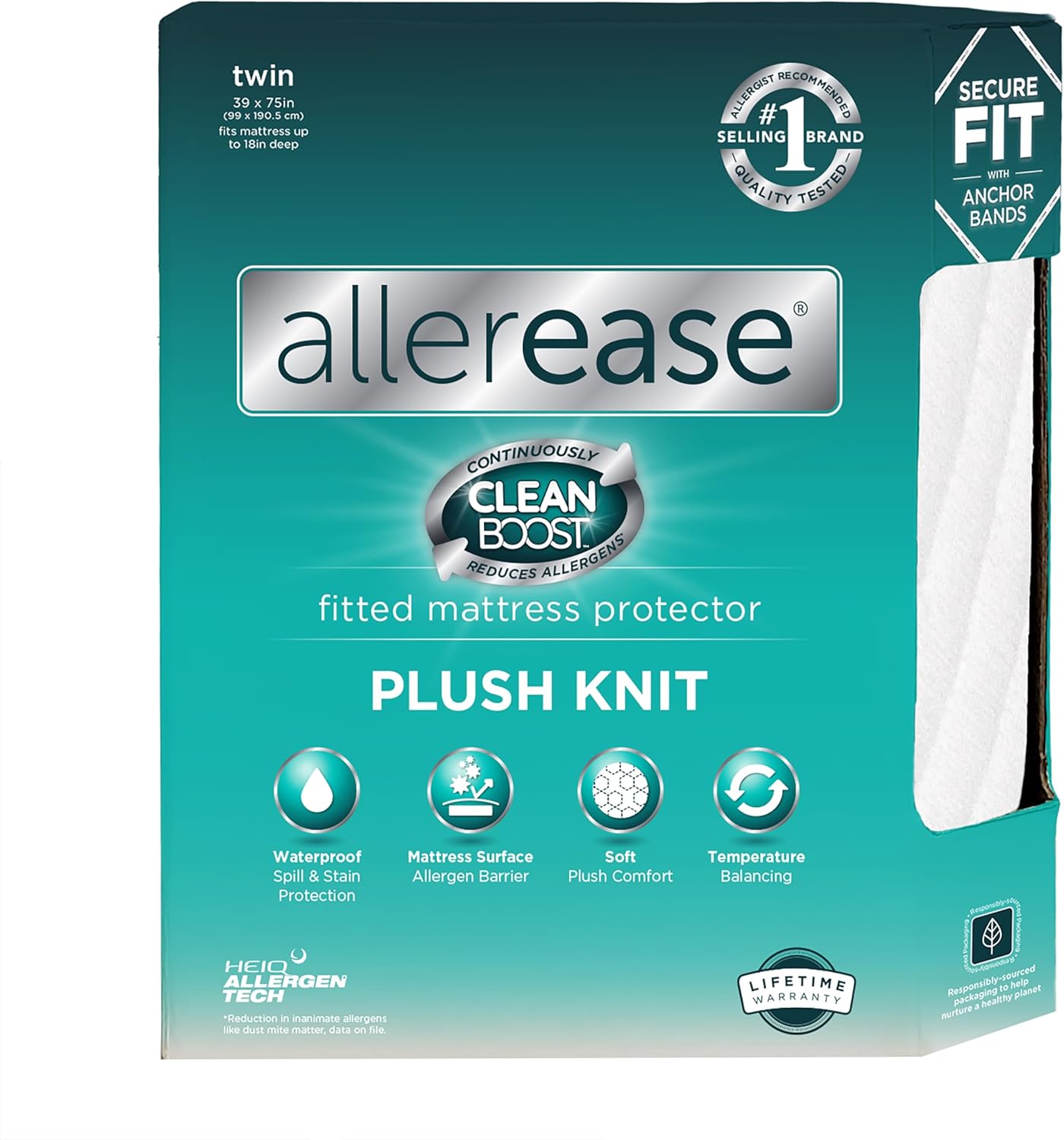AllerEase CleanBoost Plush Knit Mattress Protector Waterproof Particle Barrier Temperature Balancing Soft Plush Comfort Machine Washable Fitted Cover with Elastic Anchor Bands Mattress Cover, Twin