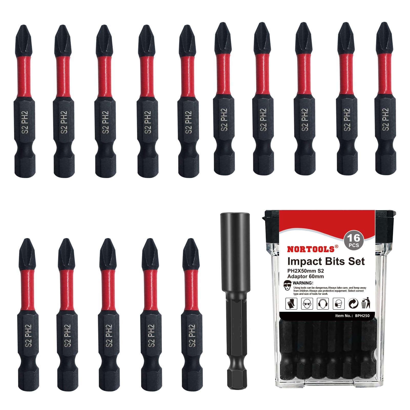 NORTOOLS Impact Screwdriver Driver Bits Set 16pcs S2 Steel Magnetic Phillips Screwdriver Bit Set - (50mm) PH2 Non-Slip, 1/4" Hex Shank, High Torque Impact Resistant for Drills & Screwdrivers